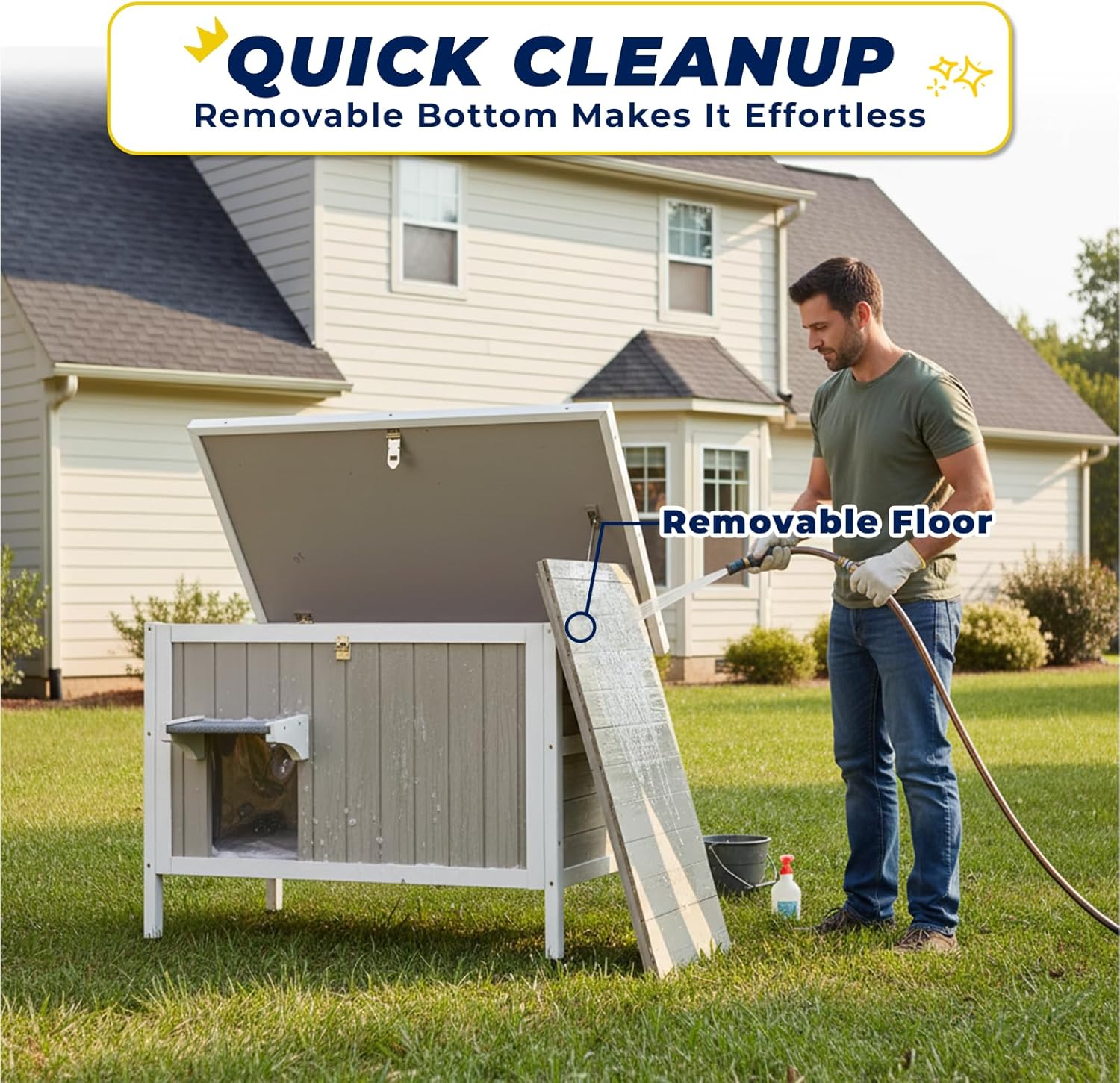 Ketive Insulated Outdoor Cat House Weatherproof,Wooden Feral Shelter with Escape Door, Removable Floor & Openable Roof Large Size for Multiple Felines (34.5" L x 21.7" W x 25.6" H)