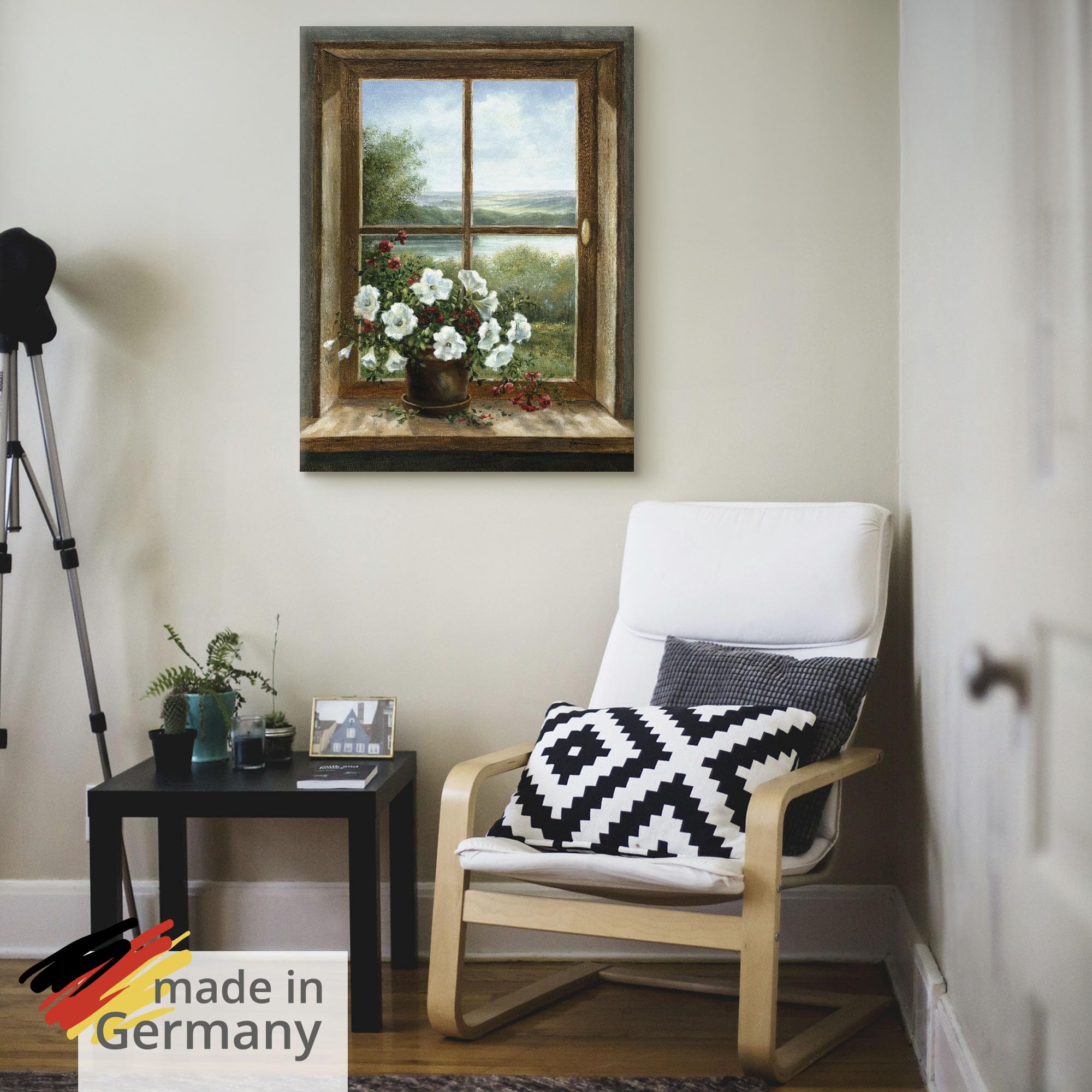 ARTLAND Wanddeko Leinwand Bilder Wandbild 60x80 cm Fensterblick Blumen Fenster Landschaft Natur Stillleben Botanik Kunst T5ZB