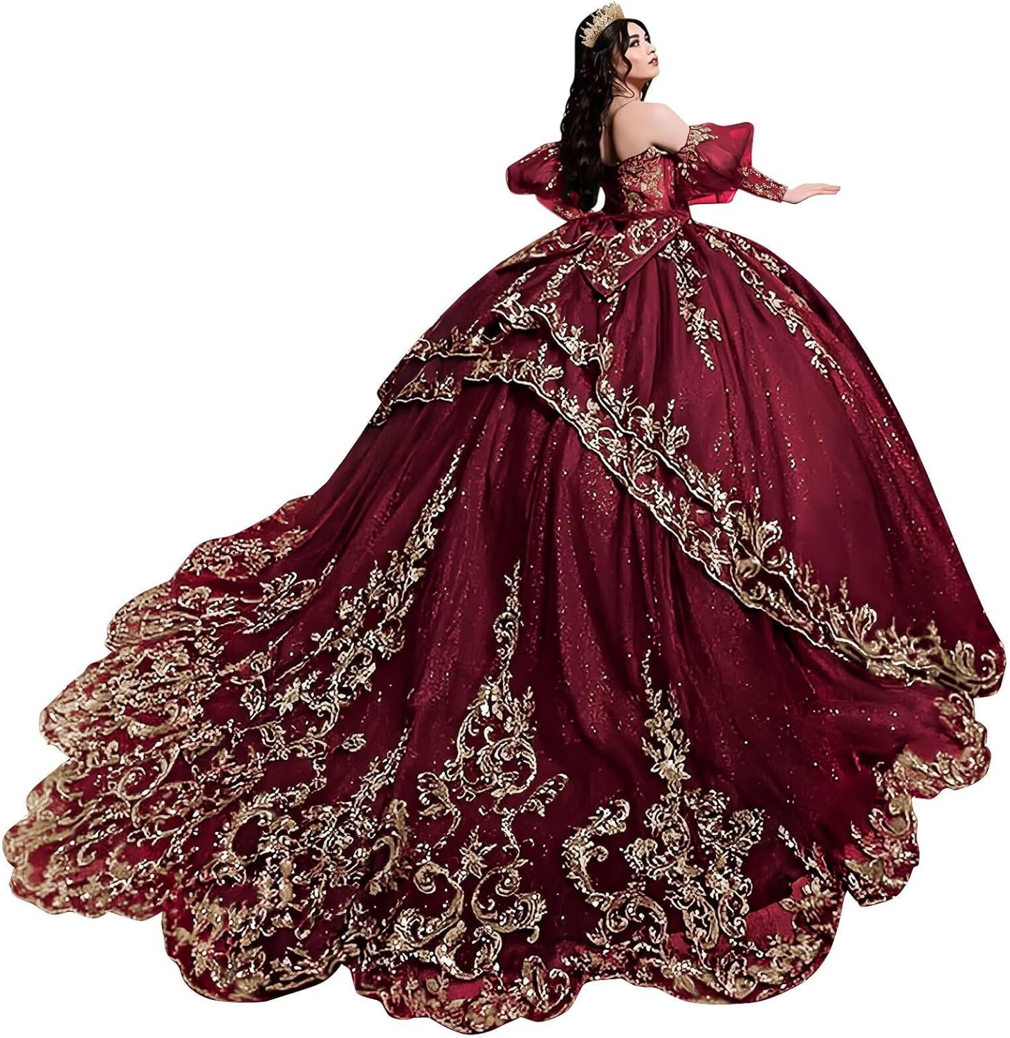Zhangyo Puffy Sleeve Quinceanera Dresses Sparkly Tulle Sweet 15 16 Dresses with Bow Gorgeous Gold Applique Ball Gown