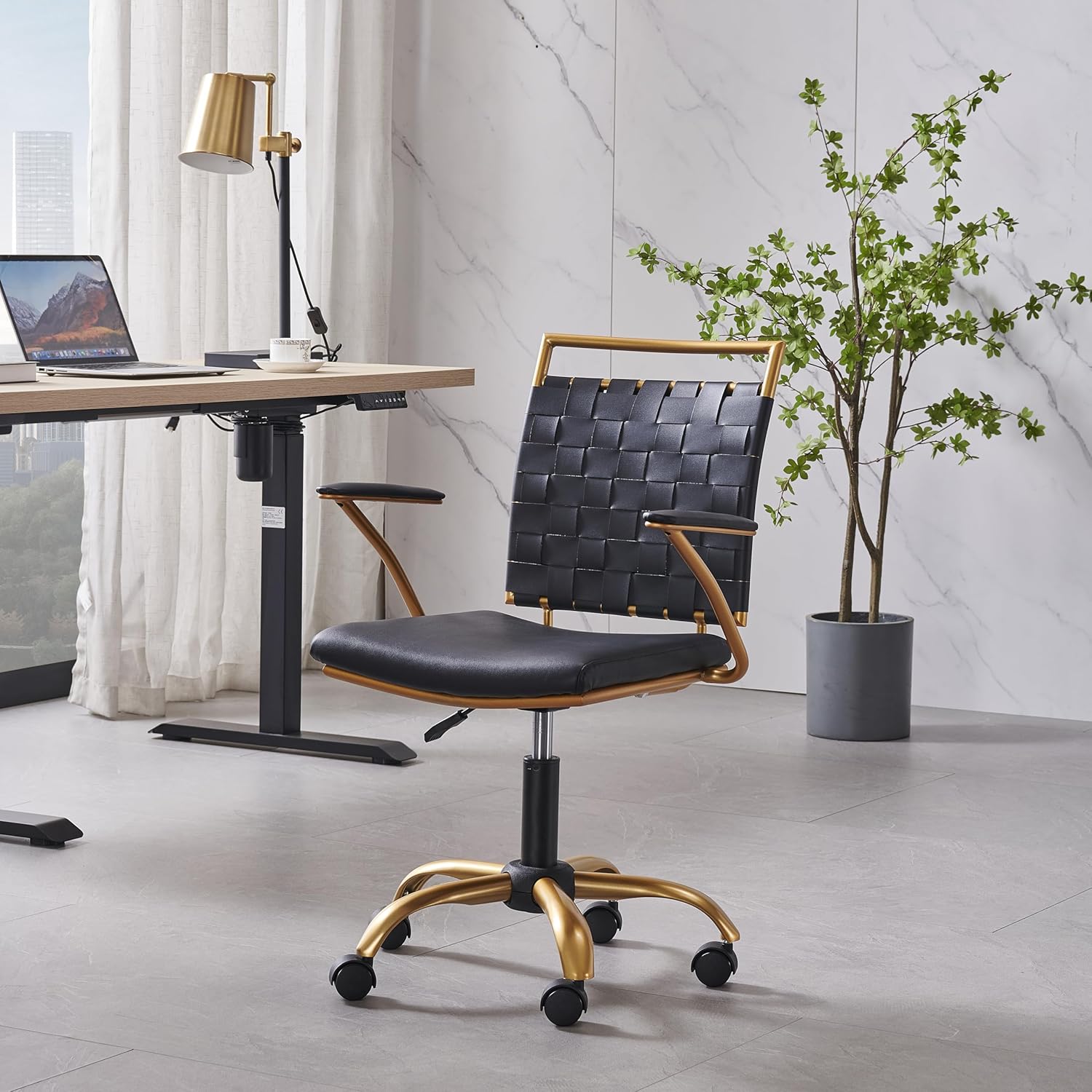 Comfortable Mid Back Office Chair – Gold and Black Leather Desk Chair with Woven Backrest and Thick Cushion, Adjustable Swivel Computer Chair for Apartment, Vanity or Lounge Room