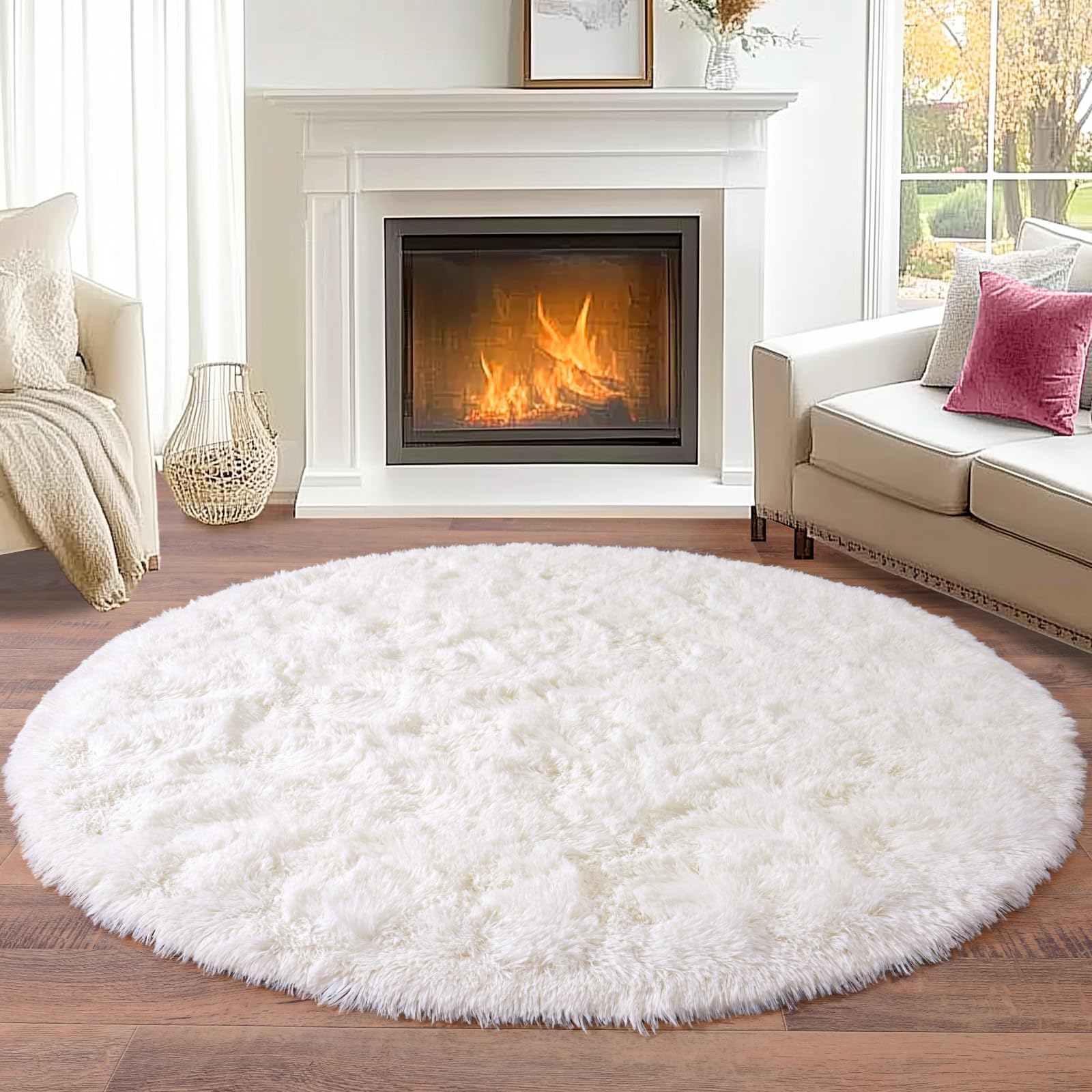 Tapis Rond 120 cm, Tapis Poil Long Moelleux pour Chambre & Salon, Doux et Confortable | Idéal pour Canapé, Chevet, Enfants, Décoration Moderne Antidérapante - Crème