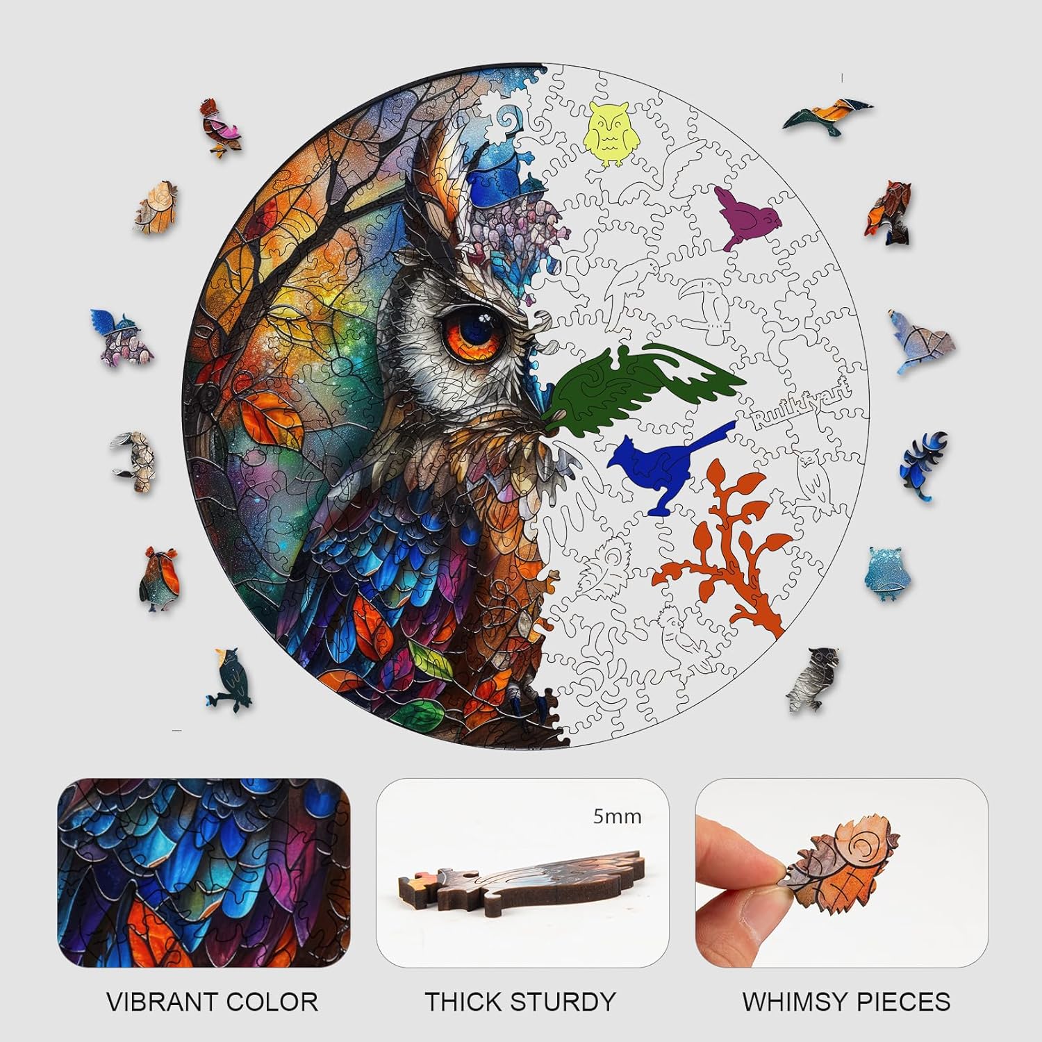 Ruikiyart Wooden Puzzles for Adults, 200 Pieces Stained Glass Owl Wooden Jigsaw Puzzles, Bird Unique Shape Mother's Day Puzzles for Couples (11.3"*11.3")