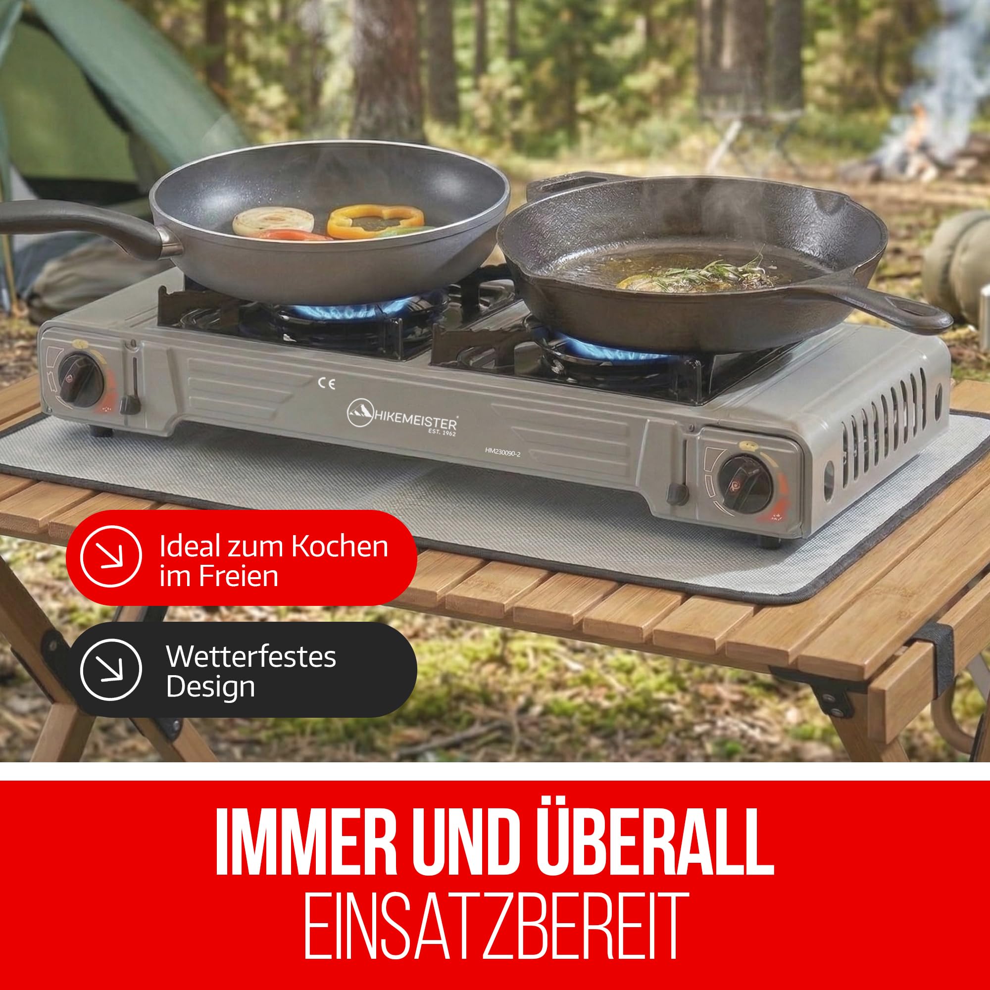 Hikemeister® Réchaud de camping à 2 feux avec plaque de cuisson et 12 cartouches de gaz - Réchaud à gaz portable 2 x 2,2 kW avec mallette de transport - Cuisinière à gaz d'extérieur pour camping