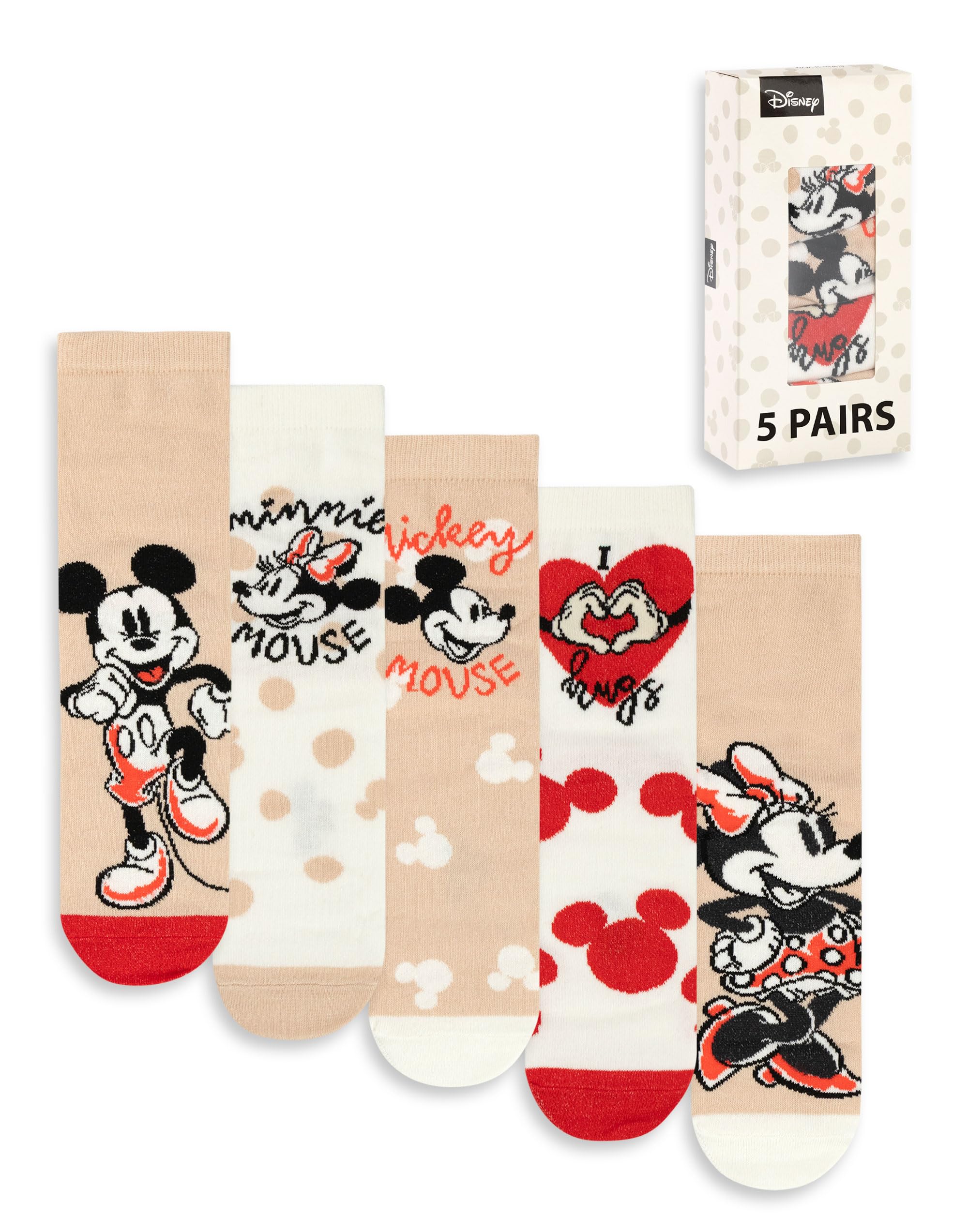 Disney Mickey Mouse & Minnie Mouse Calf Socks Set of 5 | Polkadot Design in Beige, Red, White | Everyday Wear for Women | Character Socks with 'I Love Hugs Merch - 4-8 UK