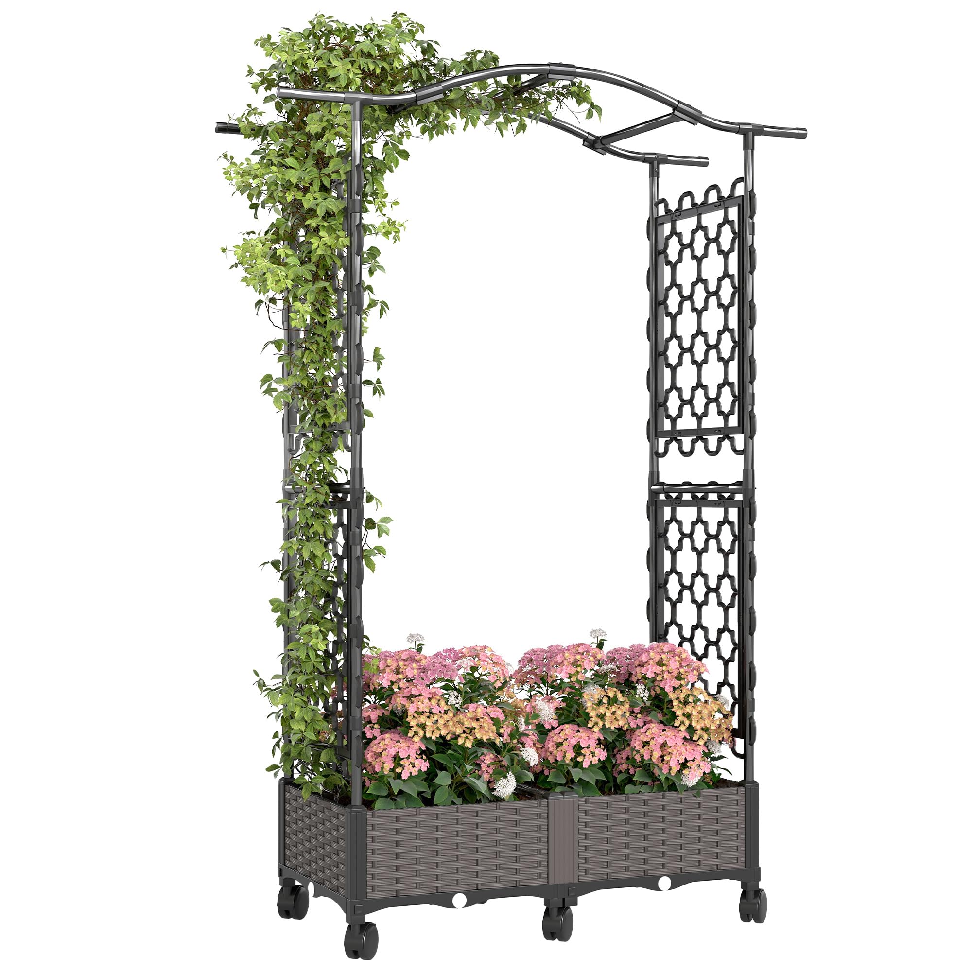 Rackhams Light/Black Raised Garden Bed With Arch Trellis, Plastic Raised Bed For Garden