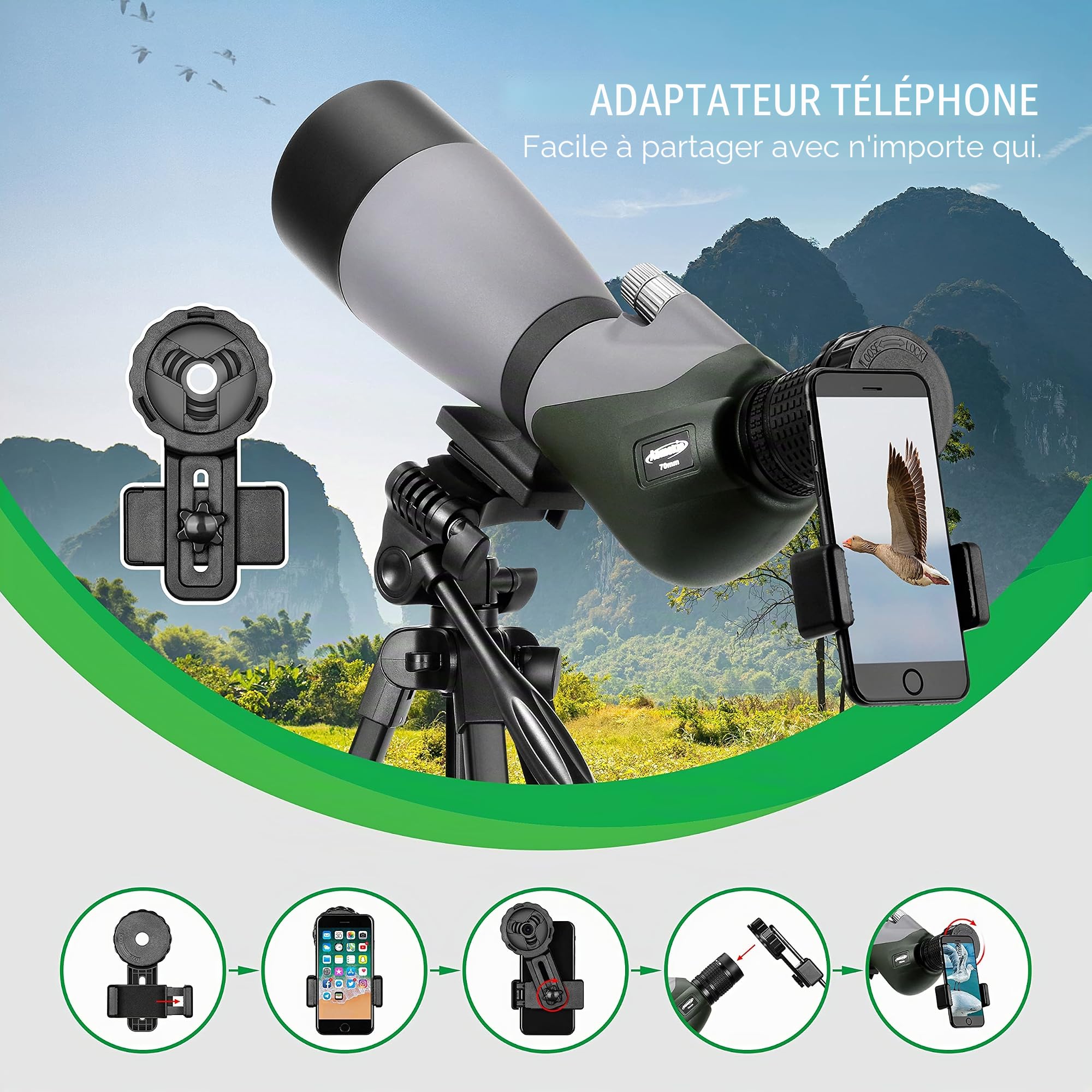 Aomekie Longue-Vue HD 20-60 x 70 Longue Vue Puissante Monoculaire avec Trépied Télescopique Réglable et Adaptateur de Téléphone pour Observation de la Faune, Tir à la Cible et Observer