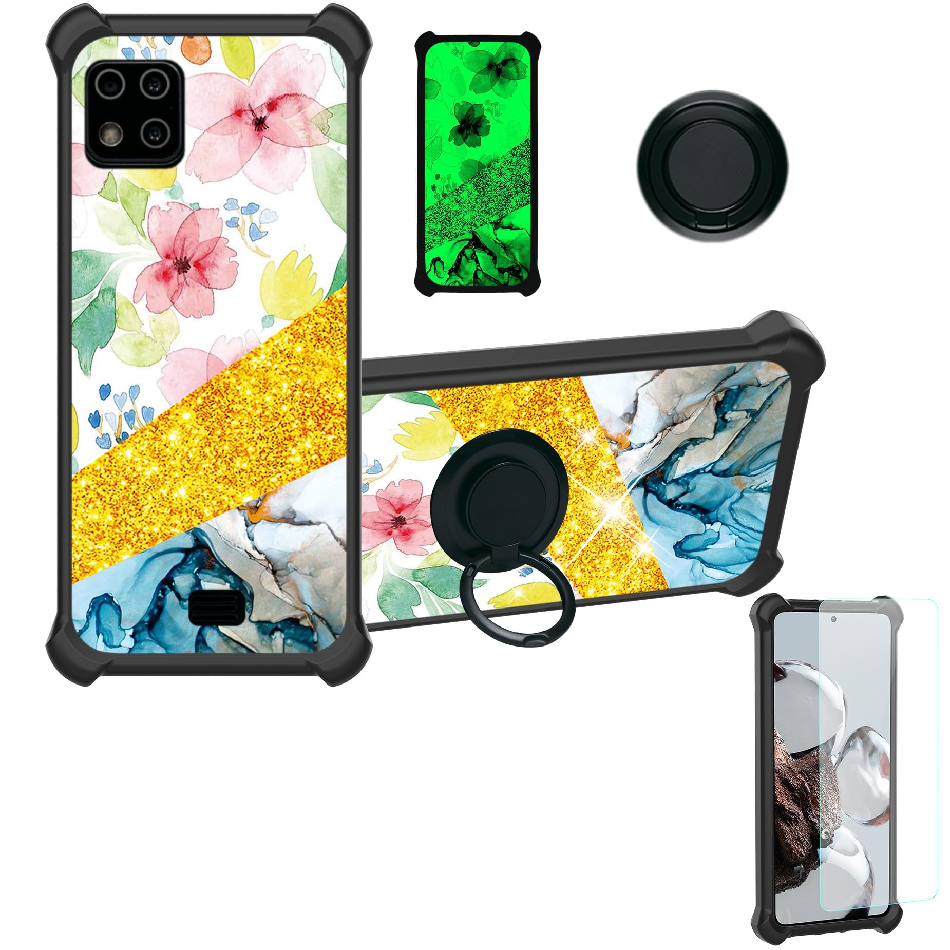 jioeuinly Case for Lush Mint L1582C Case Compatible with Lush Mint L1582C Phone Case Cover [with Tempered Glass Screen Protector][Ring Support][Gold Glitter+Luminous] JSH-SHS