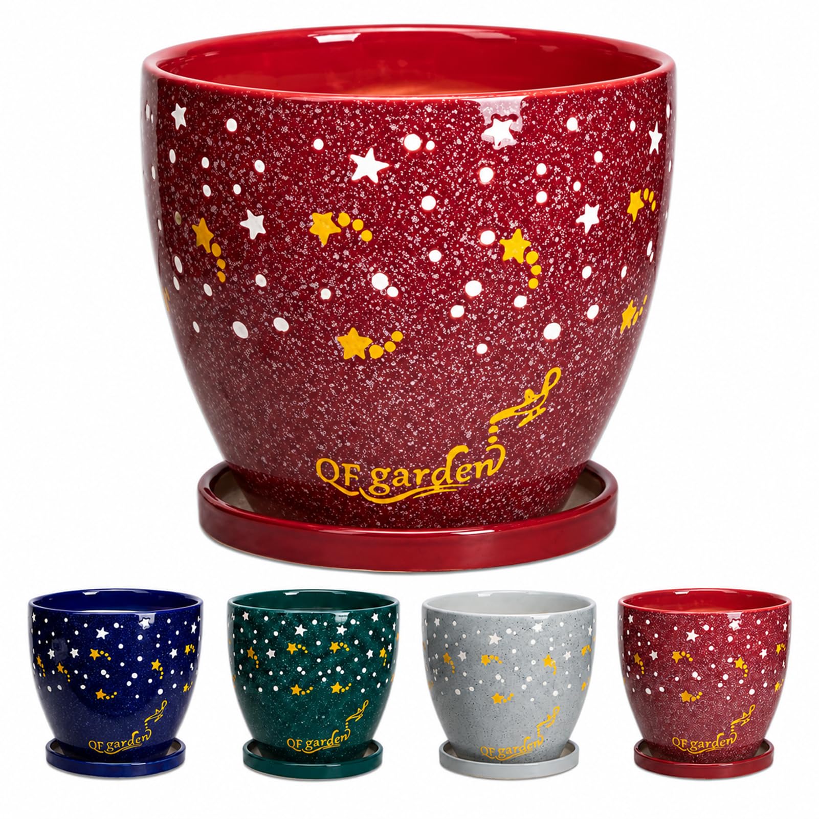 ZeptiHOM Ceramic Flower Pot Round Garden Planter with Drainage Hole Tray Decorative Plant Container for Cacti, Succulents (20.5 * 19.5cm,red)