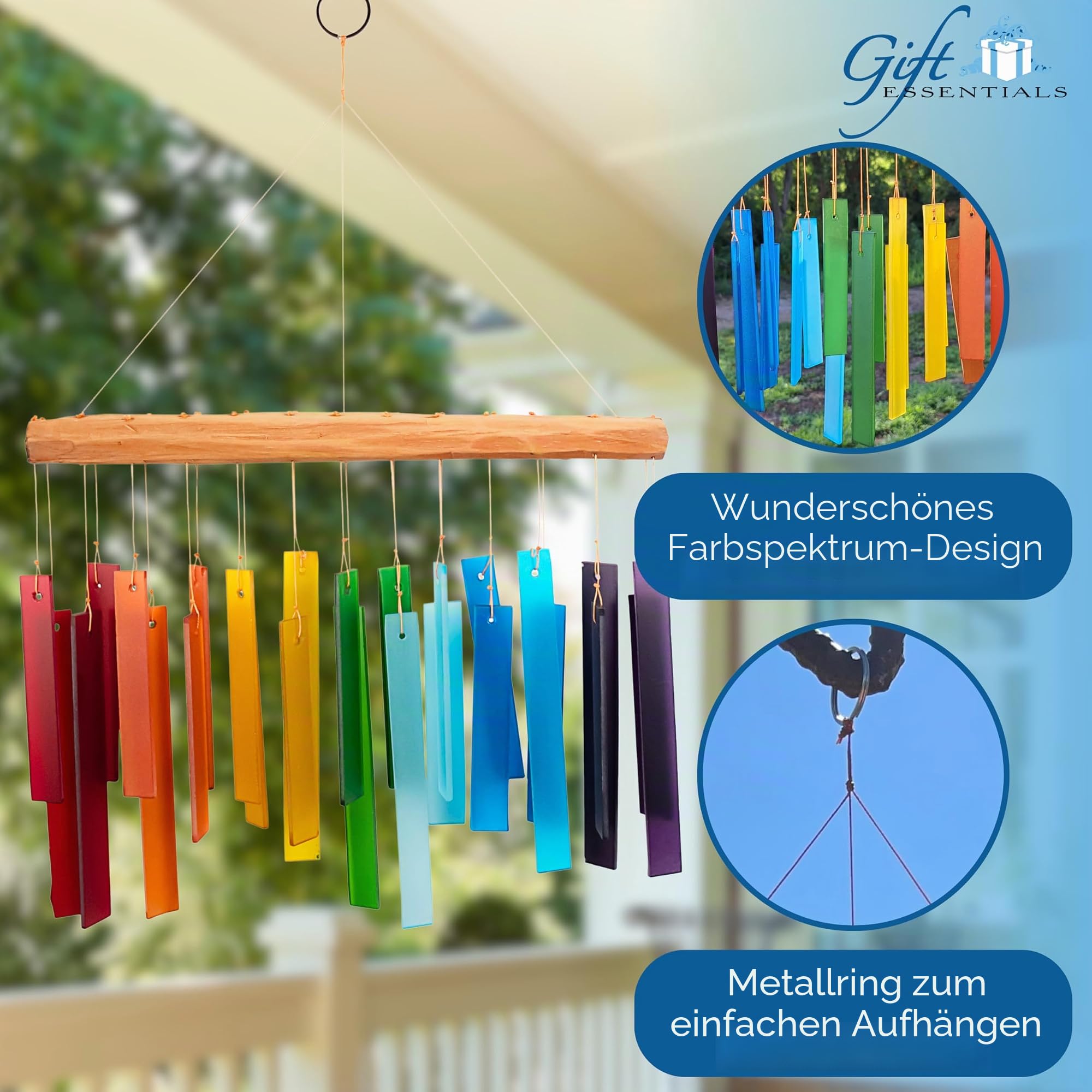 Blaues Handworks-Farbspektrum-Windspiel aus Glas und Treibholz, sandgestrahltes Glas und Fundholz, handgefertigt