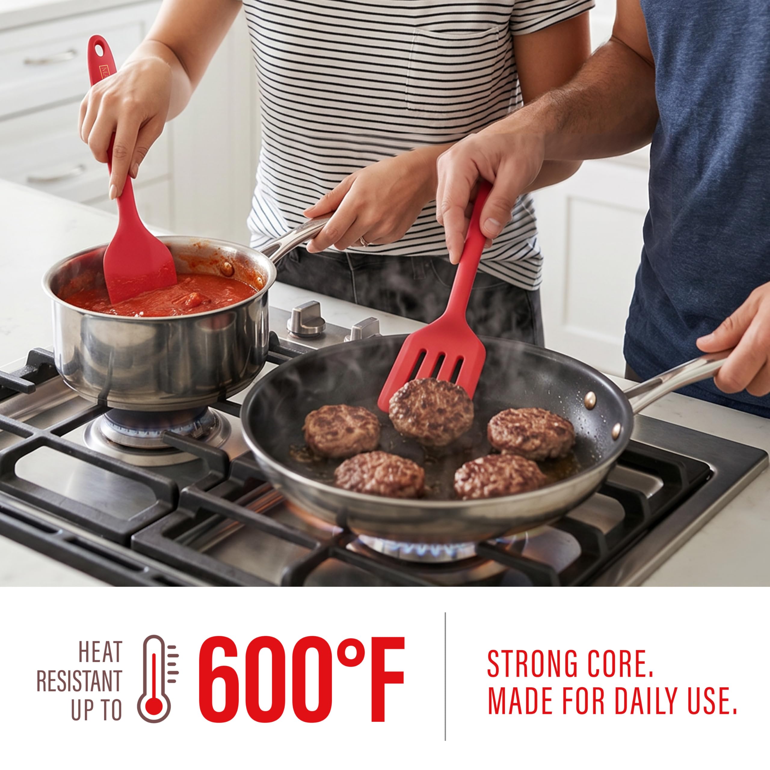 MASUS Juego de 4 espátulas de silicona de goma con un volteador para sartenes antiadherentes, juego de espátulas de goma resistentes al calor 315.6 °C para hornear, espátula de plástico para cocinar
