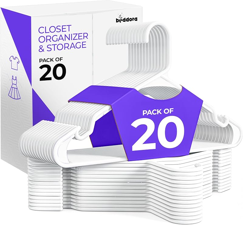 Beddora Plastic Hangers 20 Pack,White Clothes Hangers for Closet Organization and Storage Space-Saving Design, Kids & Adult Coat Hanger for Suits, Shirt & Percheros Ganchos para Colgar Ropa Hangars