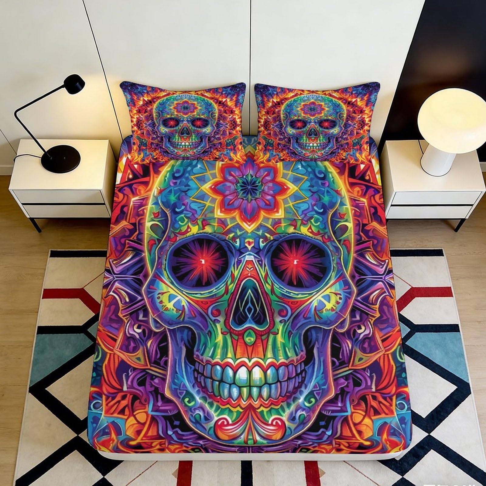 Pnayamiorkfel Style-6 3D Printed Psychedelic Skull Fitted Sheet Microfiber Vibrant Colorful Bed Cover For Bedroom Dorm Easy Care 90X200x25cm