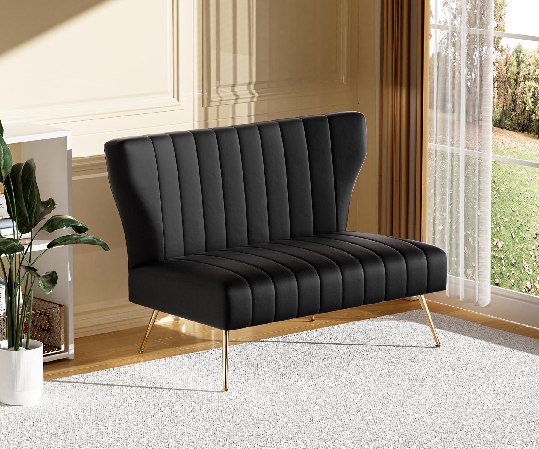 WQSLHX 50’’ Velvet Modern Armless Loveseat for Living Room Bedroom, Upholstered Small Wingback Couch Sofa with Gold Metal Legs & 2 Seater (Black, 50"