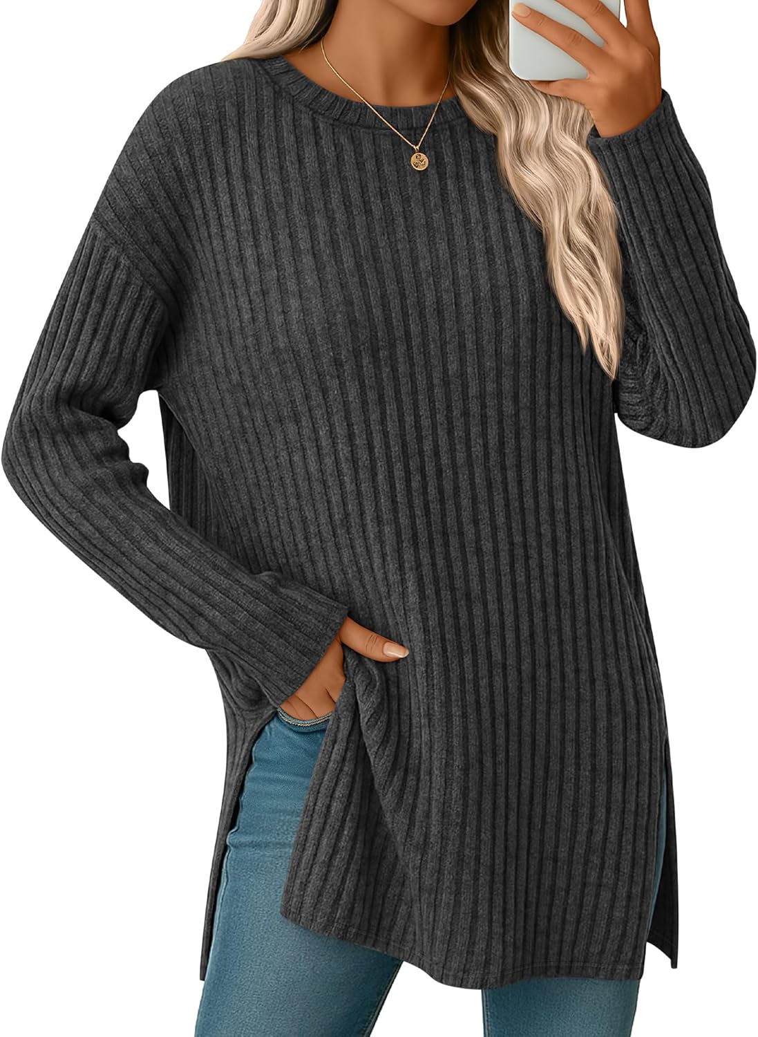 Velvelhall Oversized Sweaters for Women Lightweight Long Sleeve Crew Neck Ribbed Side Slit Loose Fall Top Pullover