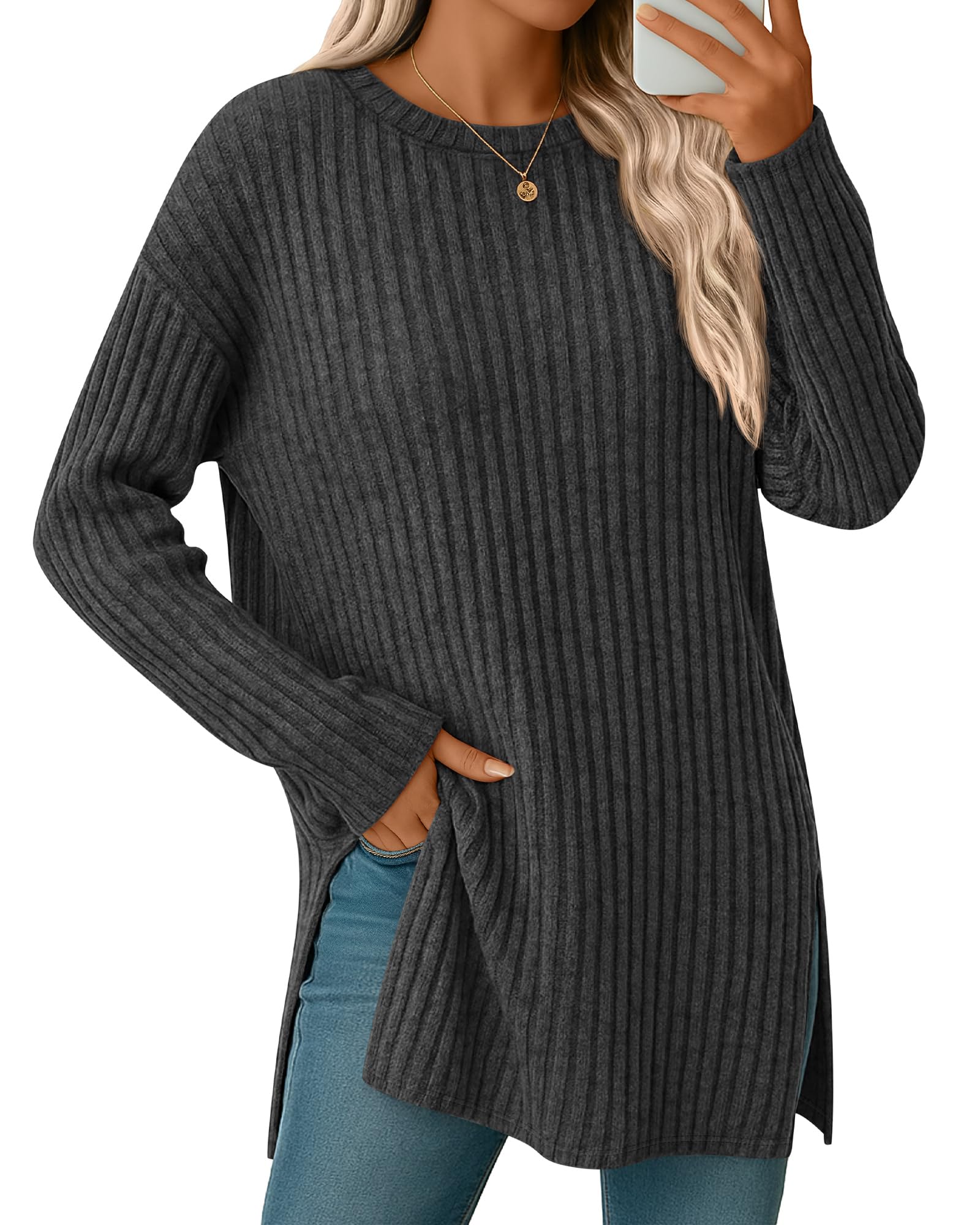 Oversized Sweaters for Women Lightweight Long Sleeve Crew Neck Ribbed Side Slit Loose Fall Top Pullover