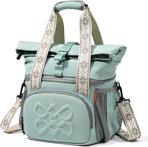 Miniatura 14 de Bolsa de almuerzo aislada de doble compartimento, con 2 compartimentos a prueba de fugas y tapa enrollable, lonchera de 13L para el trabajo (marrón