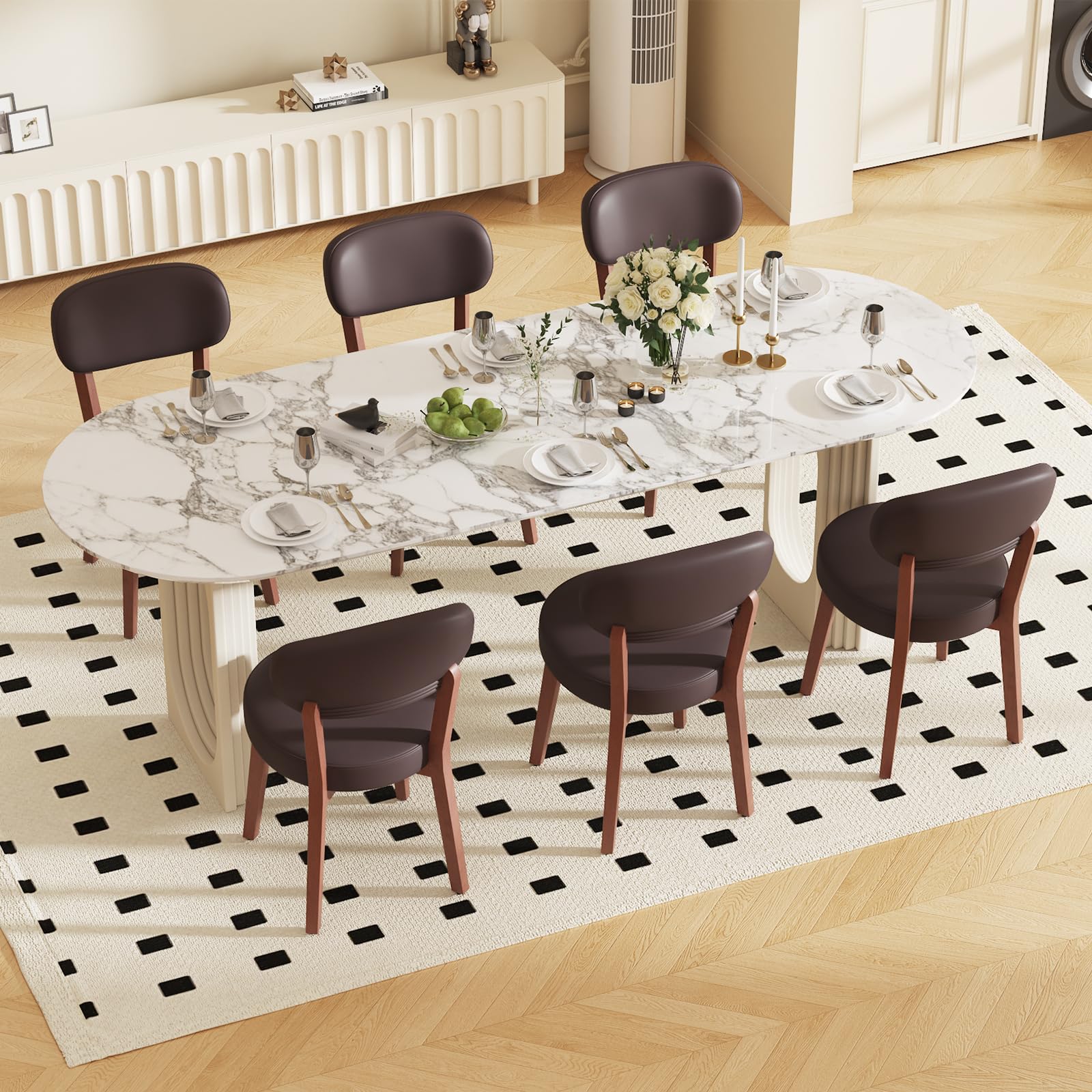 Set di 6 Sedie da Pranzo, Sedie da Cucina in PU, Poltrone da Salotto con Gambe in Legno, Sedia Imbottita Sala da Pranzo per Sala da Pranzo Cucina Soggiorno Camera da Letto, Marrone