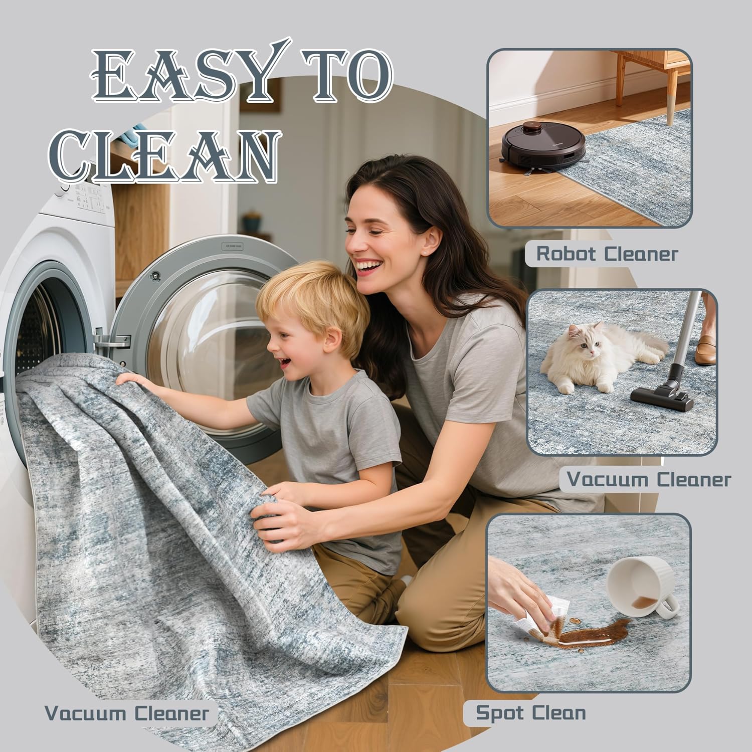 9x12 Washable Rug for Living Room - Abstract Large Rugs for Bedroom, Indoor Non-Slip Soft Carpet,Blue Gray