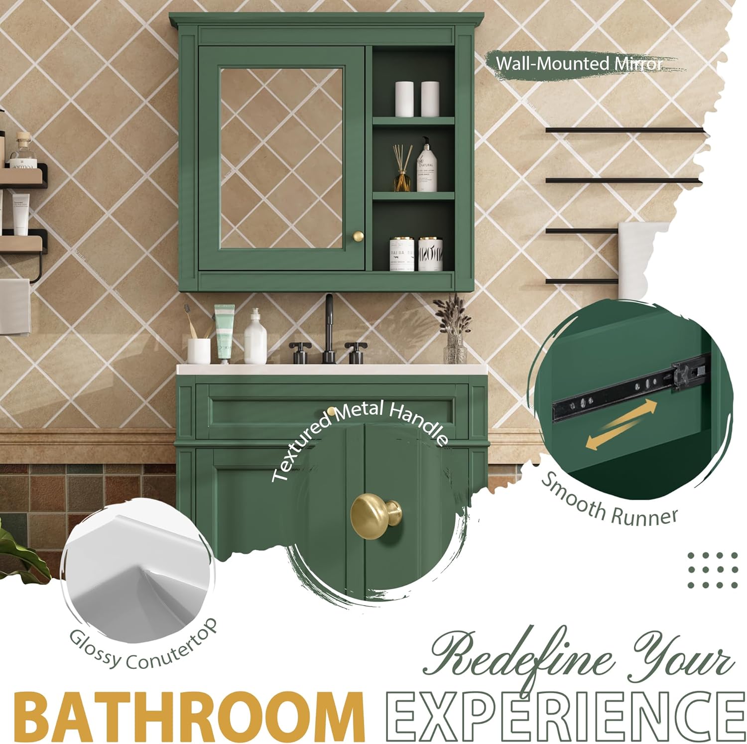 Bathroom Vanity,30'' Modern Bathrooms Vanitys w/Top Sink,Storage Cabinet with 2 Drawers & Tip-Out Drawer, Freestanding Set Mirror Cabinets,Space-Saving Single Sinks Organizer,Narrow Shelves,Green