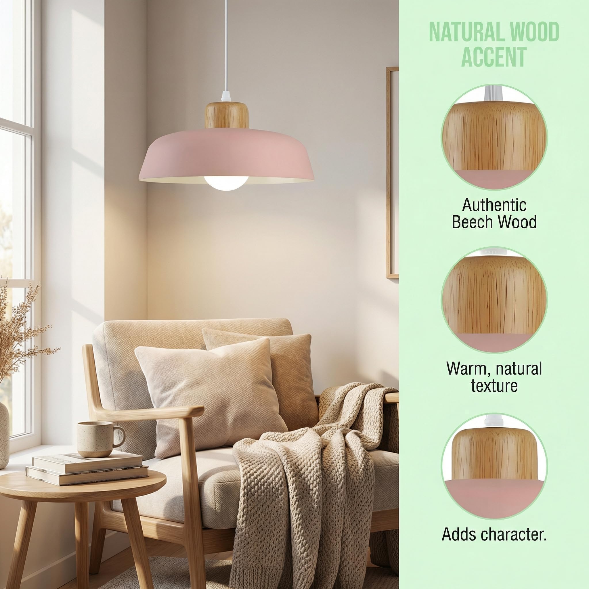 ⌀30cm Pendelleuchte Esstisch, Moderne Bunt Hängeleuchte aus Metall & Holz E27-Fassung, Höhenverstellbar Hängelampe für Küchen, Esszimmer, Schlafzimmer & Wohnzimmer (Rosa)