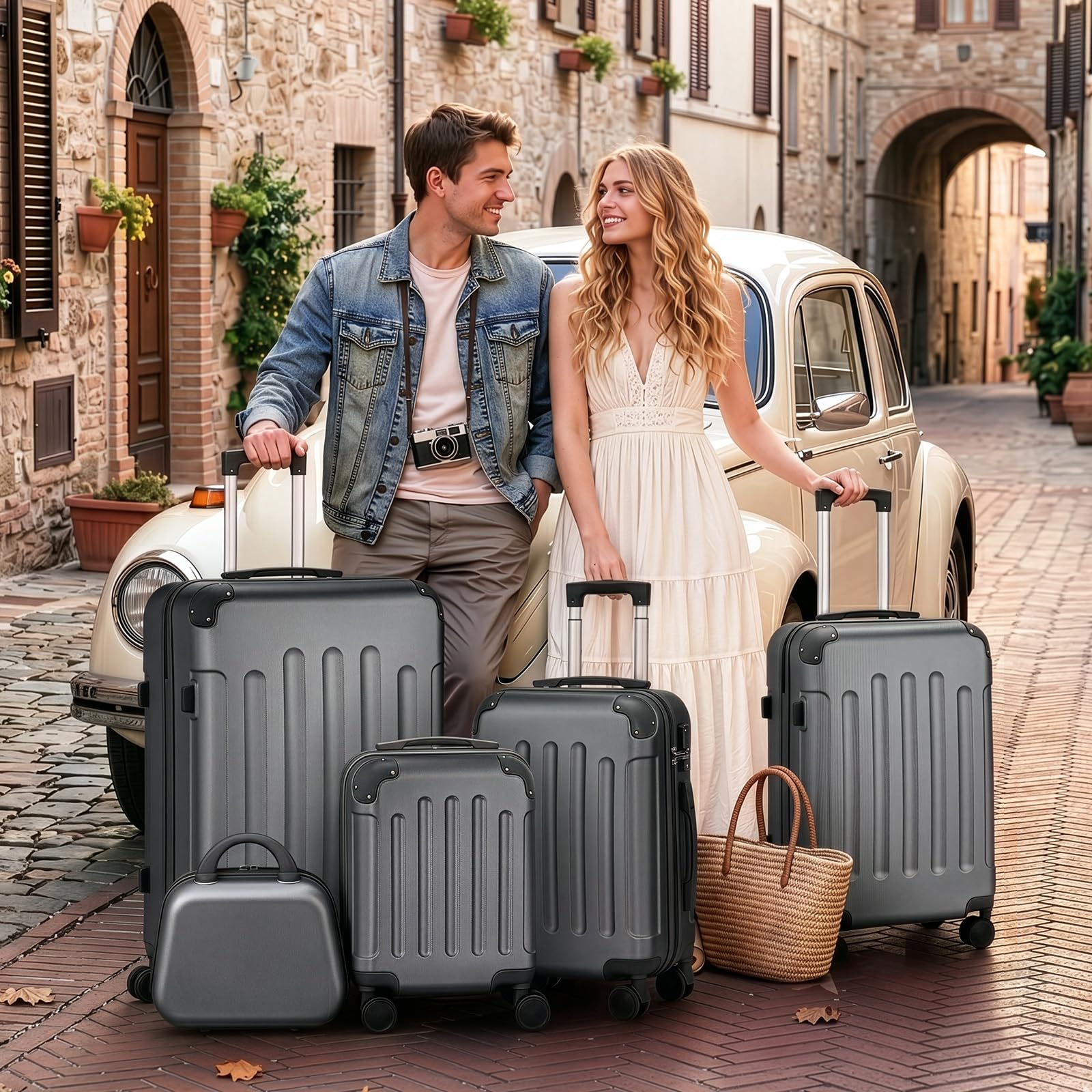 LEADZM Koffer Set 5 teilig Hartschale mit Kosmetikkoffer, Kofferset mit verstärkten Ecken, Reisekoffer mit Rollen Groß, Handgepäck, Hartschalenkoffer Set aus ABS, Koffer & Trolleys (Dunkelgrau)