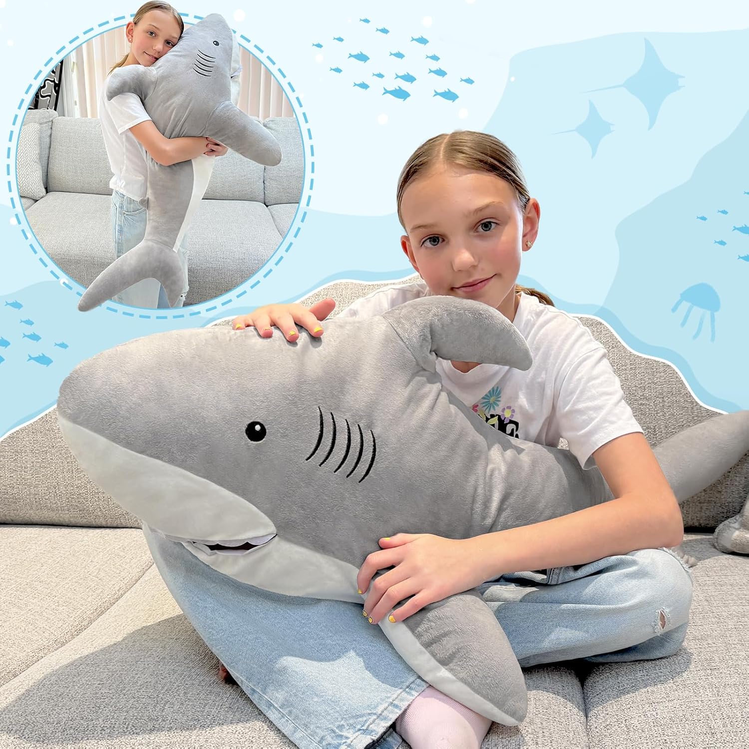 MorisMos 39inch Giant Shark Stuffed Animal, Large Stuffed Shark Plush Toys Pillow Gift for Kids Girlfriend, Gray - Image 2