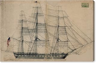 The Oliver Gal Artist Co. Coastal 15.0 in x 10.0 in, Antique Nautical Ship, Canvas Wall Art Print, USS Constitution Sail Plan 1817" Living Room, Brown