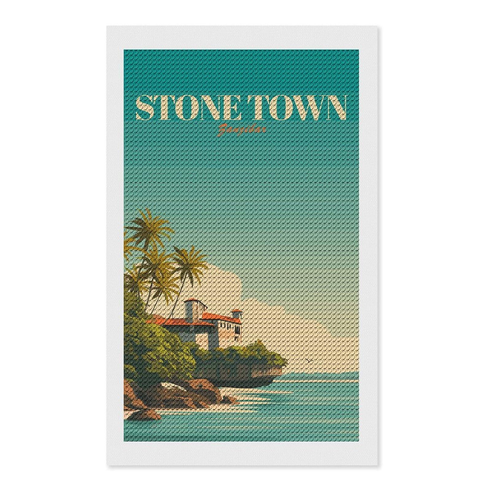 Junmoney Stone Town Zanzibar Vintage Diamond Art Canvas 12"x20", for Family Craft Time, Creative Leisure Activity, Living Room Decor, Festive Craft Gift