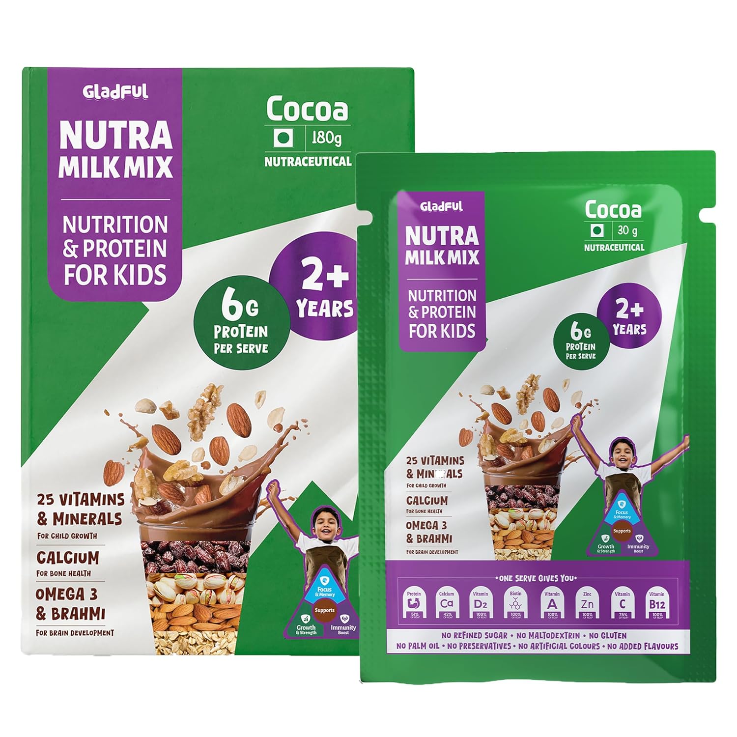 Gladful NutraMilk Travel Pack – Chocolate Milk Mix 2+ years | 6g Protein per Serve | Zero Sugar | Made with Ragi, Oats, Bajra & Nuts with 25 Vitamins and minerals and Omega-3 fatty acids | Supports Growth & Brain Development | 180g (Pack of 6)