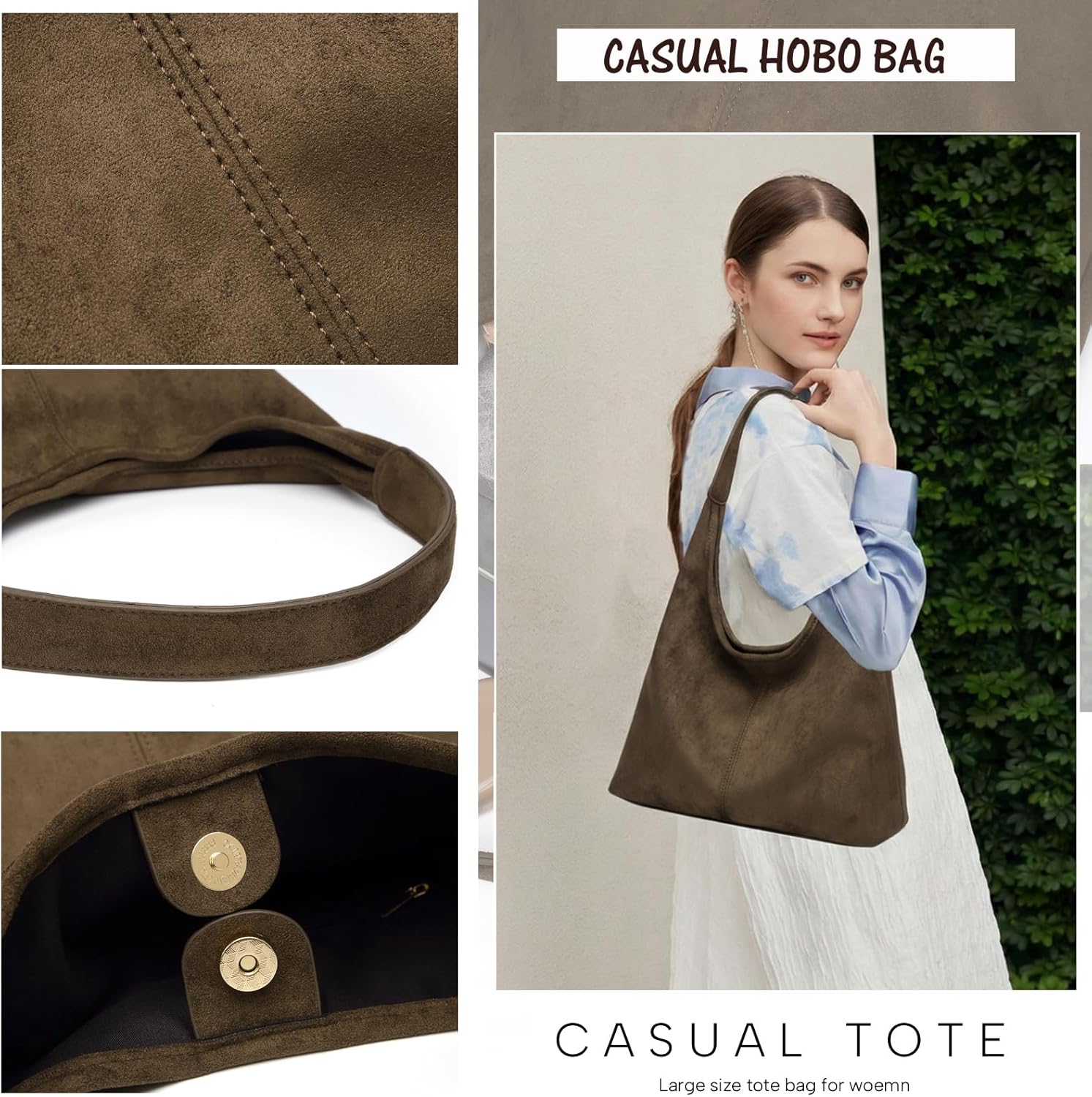 Casual Hobo Bag for Women Soft Shoulder Bags Slouchy Pu Leather Tote Purses for Work Travel