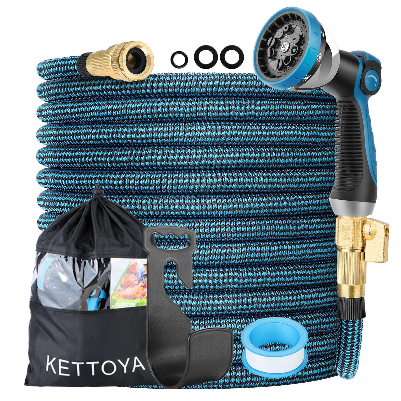 KETTOYA 50FT Expandable Garden Hose, Flexible Water Hose with 10-Pattern Spray Nozzle, Leak-Proof Retractable Heavy Duty Hose Pipe, 4-Layer Latex Core, Durable 3750D, Male Valve Connector, Kink-Free