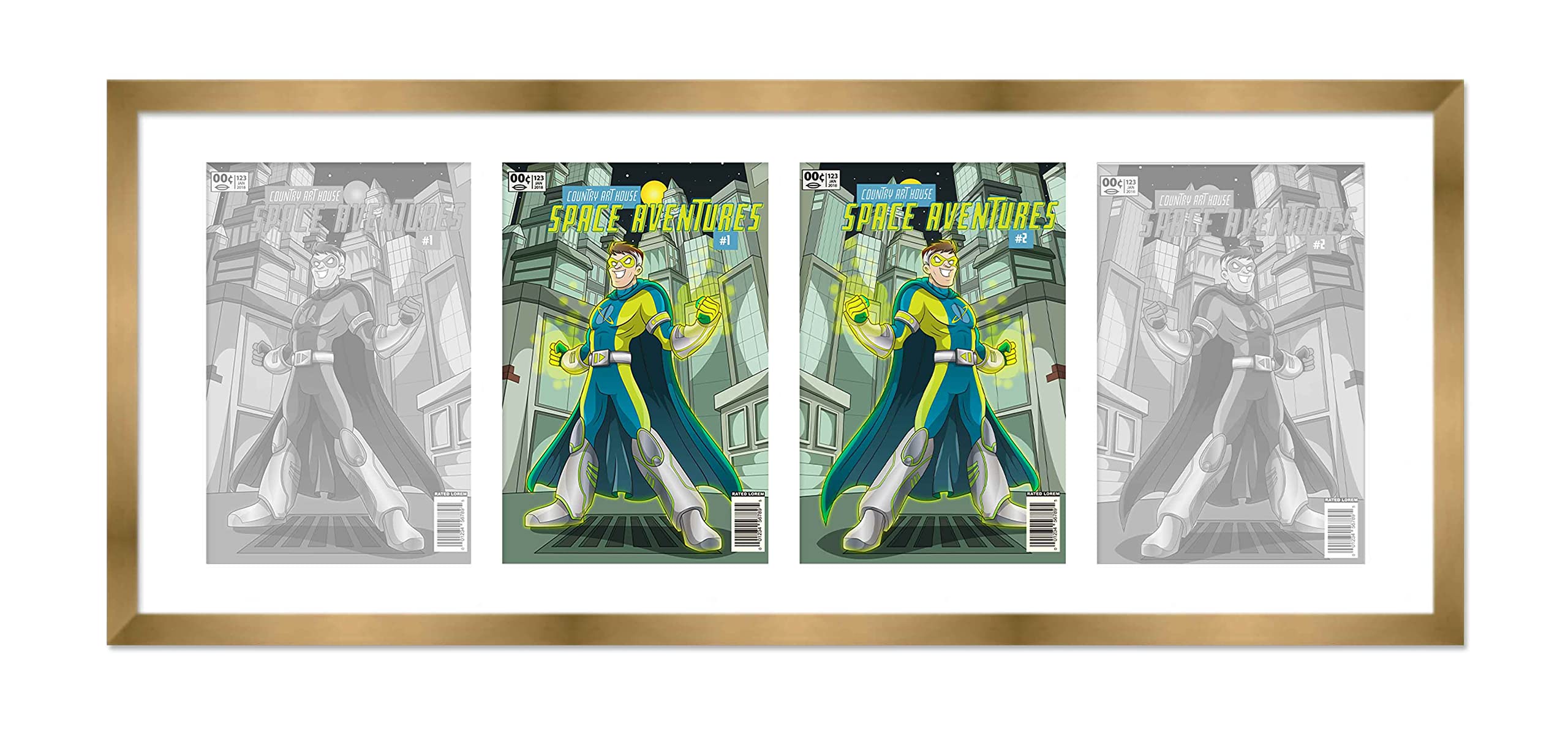 Comic Book Frame Bronze Gold Matted For Comics Published Between 1986 and Present Day (Silver Age Comic Solid Wood Frame) Made To Showcase 4 Comics Under UV Acrylic With Acid Free White Matting