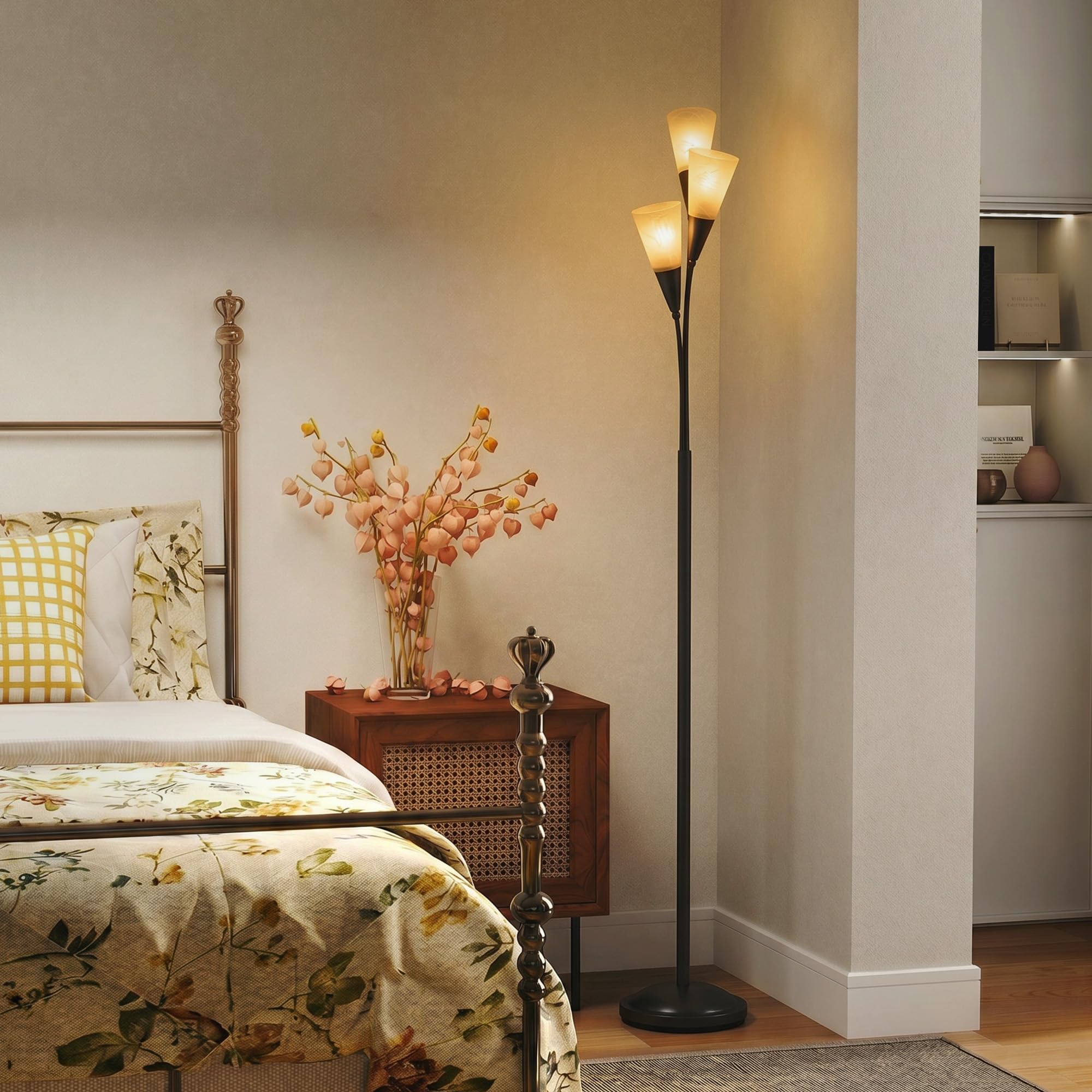 HOMCOM 3-Light Upright Floor Lamps Standing Lamp Steel Base Black