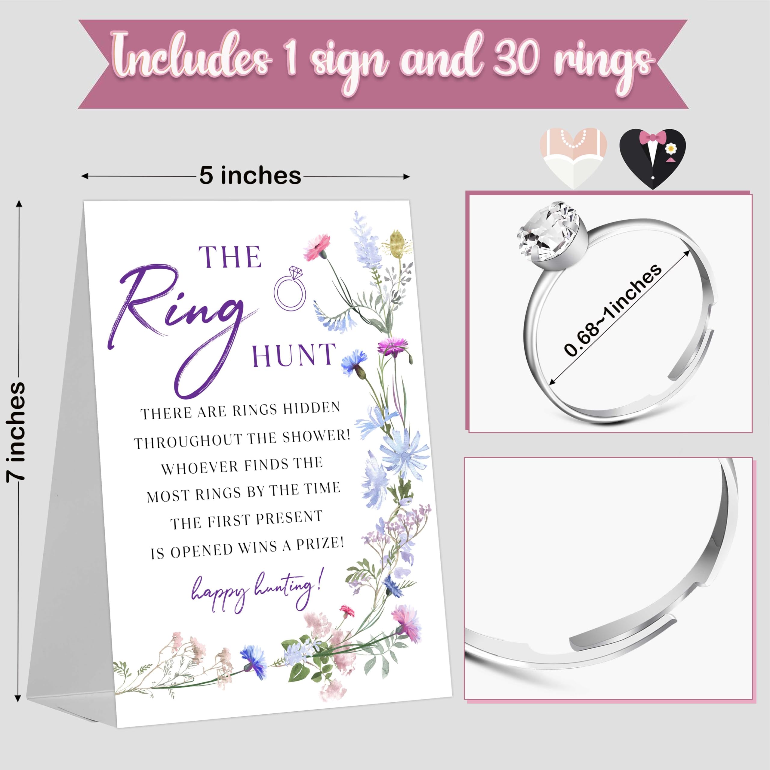 Bridal Shower Ring Hunt Game - 1 Sign & 30 Plastic Rings, Wildflower Boho Theme Party Game