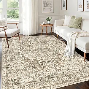 KUTA Vintage Area Rug 5x7 Beige Brown, Washable Rugs for Living Room Soft Non-Slip Printed Distressed Tribal Traditional Farmhouse Carpet for Bedroom Dining Room Dorm Office Home Decor