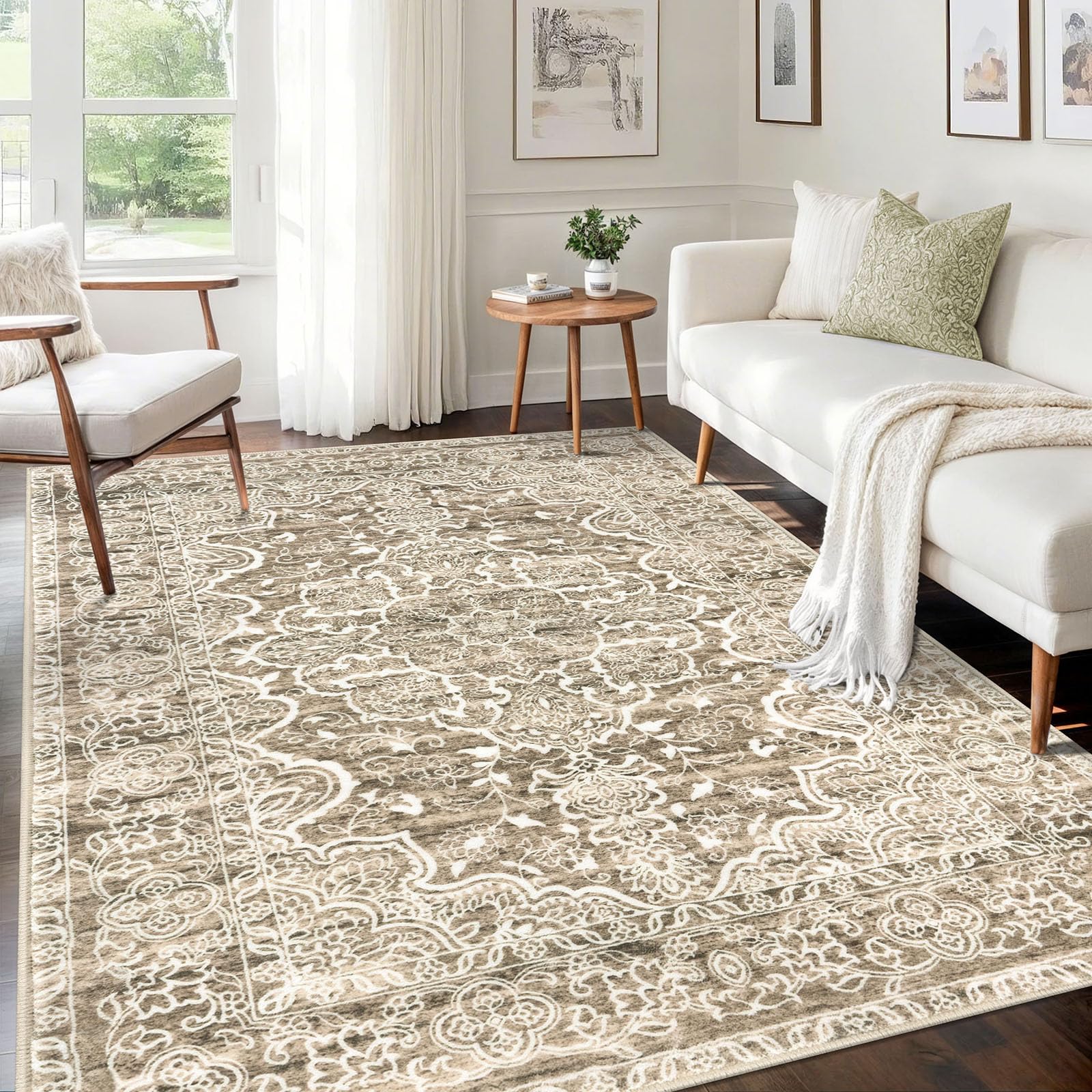 KUTA Vintage Area Rug 5x7 Beige Brown, Washable Rugs for Living Room Soft Non-Slip Printed Distressed Tribal Traditional Farmhouse Carpet for Bedroom