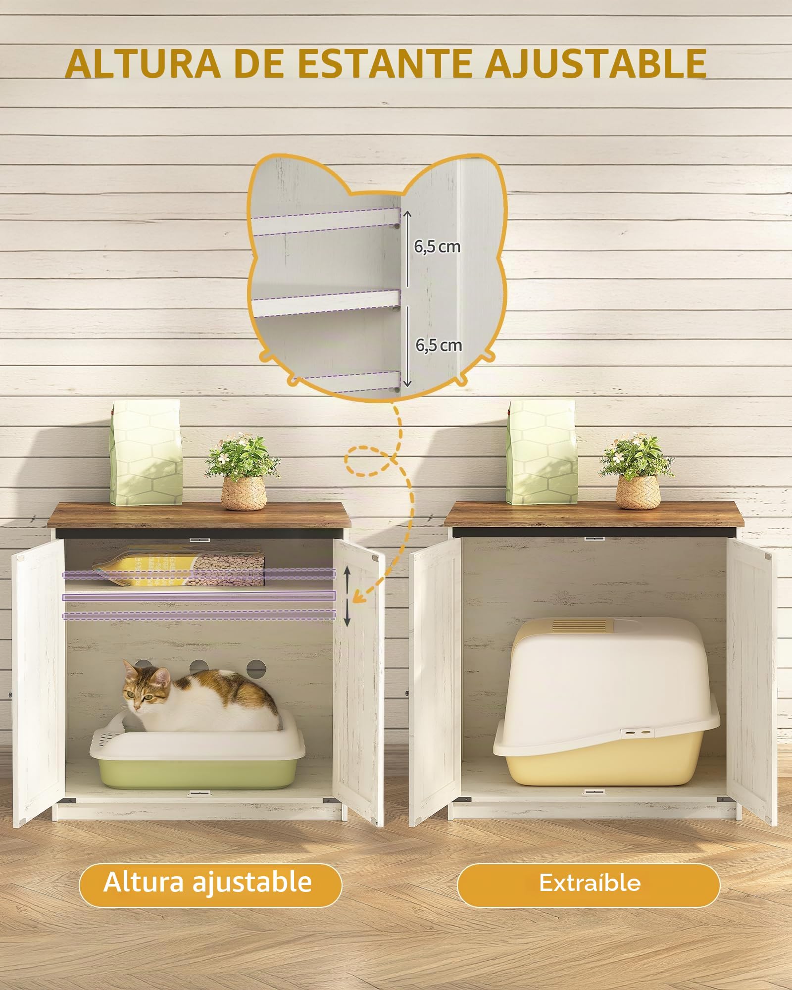 Hzuaneri Arenero para Gatos, Armario Oculto con Espacio de Almacenamiento, Caseta con Imanes, Estilo Rústico, 80 x 50 x 79,5 cm, Apto para Pasillo y Dormitorio, Blanco Marrón CB85414X