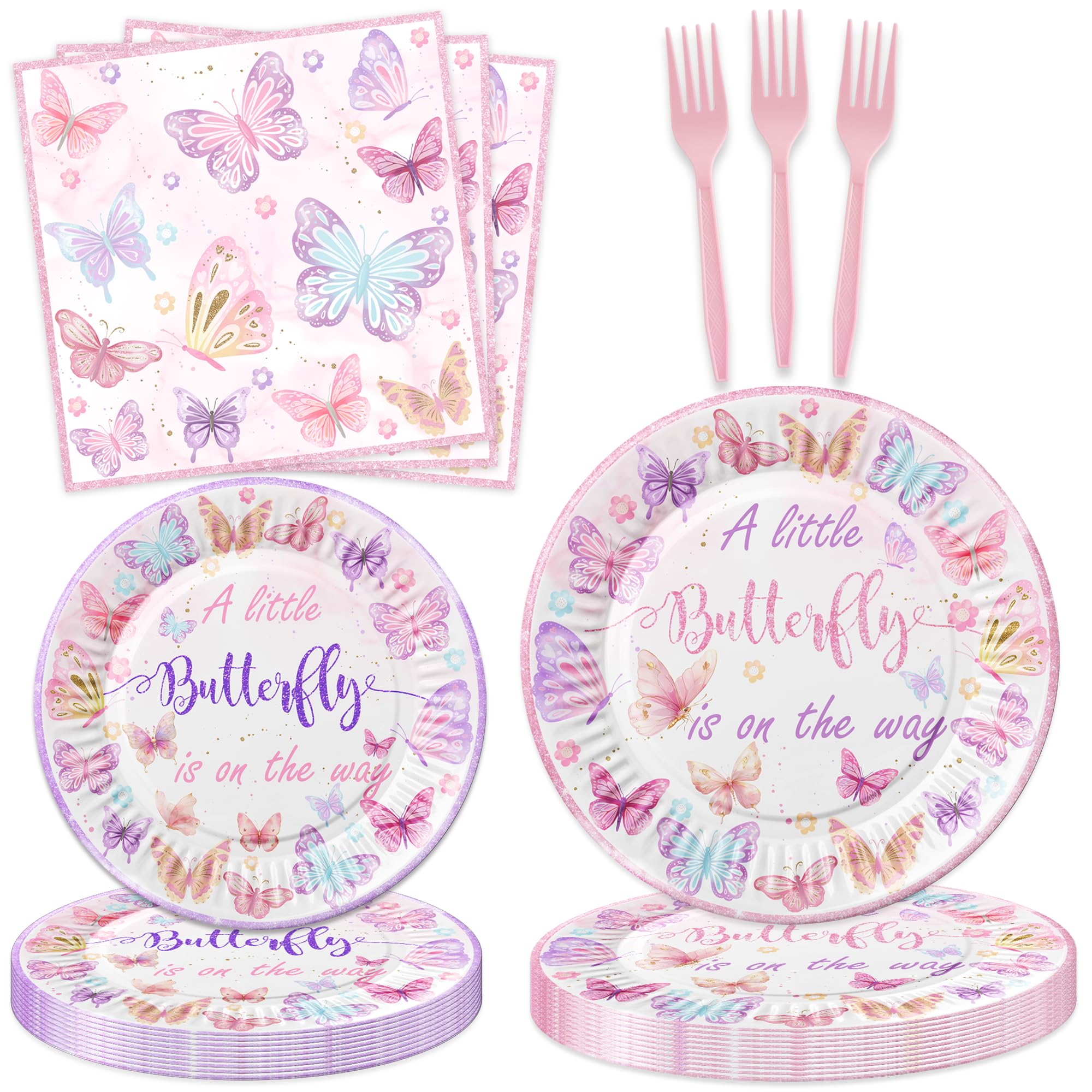 Letromp Butterfly Baby Shower Birthday Decorations Girl Pink A Little Butterfly Is On The Way Paper Plates Napkins Forks Tableware for Butterfly Girls