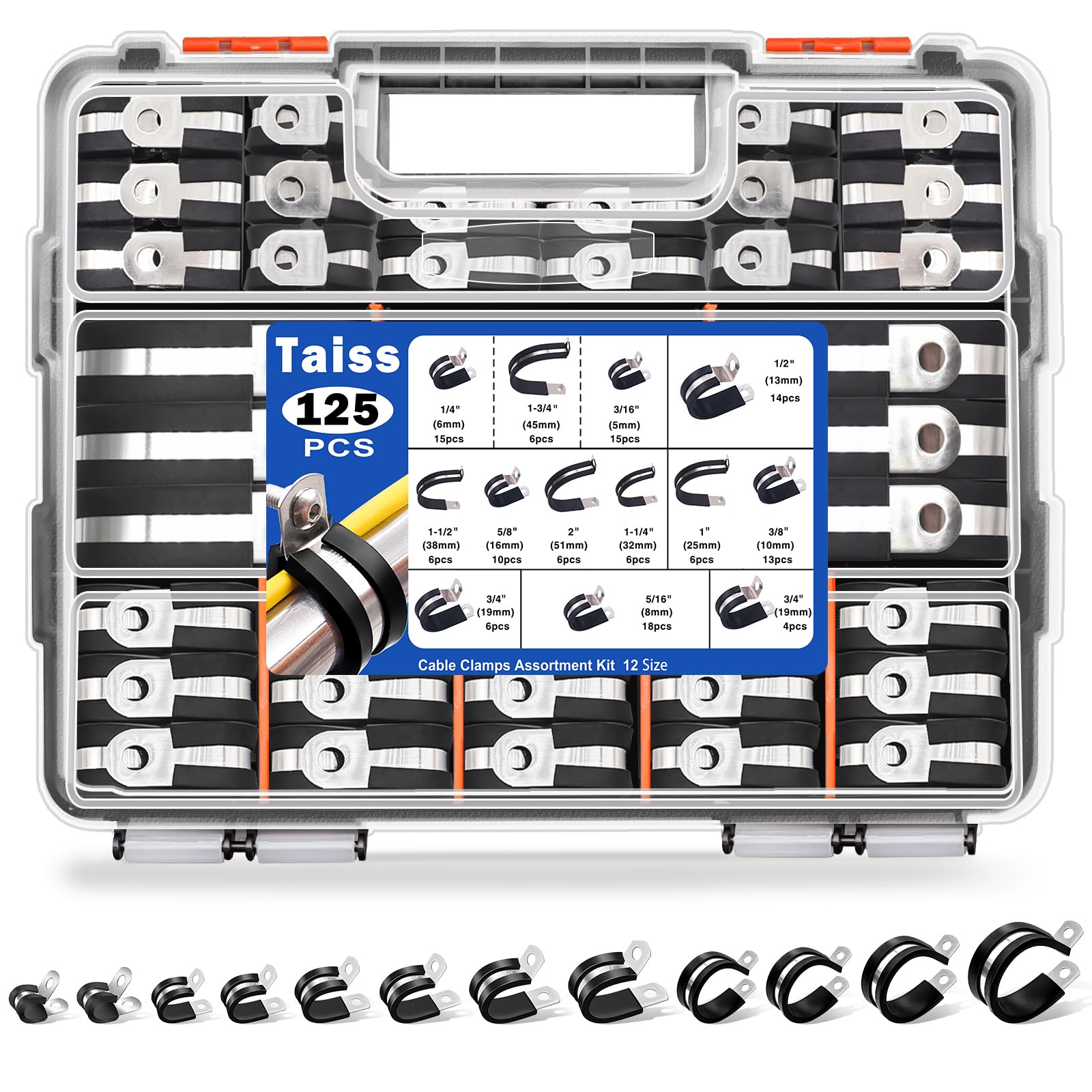 Taiss 125PCS Cable Clamps Assortment Kit 12 Sizes 3/16" 1/4" 5/16" 3/8" 1/2" 5/8" 3/4" 1" 1-1/4" 1-1/2" 1-3/4" 2" Wire Clamps,304 Stainless Steel