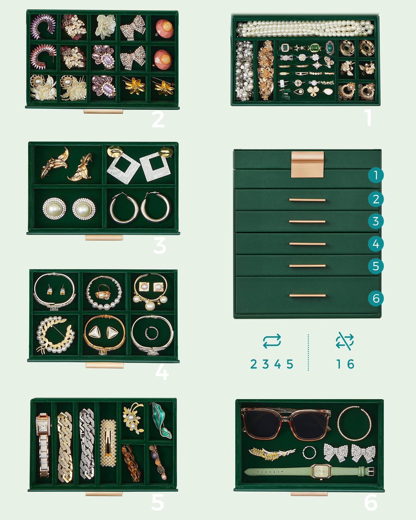 SONGMICS Colección GISELLA - Caja de Joyas, Caja Joyero de 6 Niveles, Estuche de Joyería, con 5 Cajones, Gran Capacidad, Estilo Moderno, Verde Bosque y Dorado, 16,3 x 25,1 x 29 cm JBC171C01