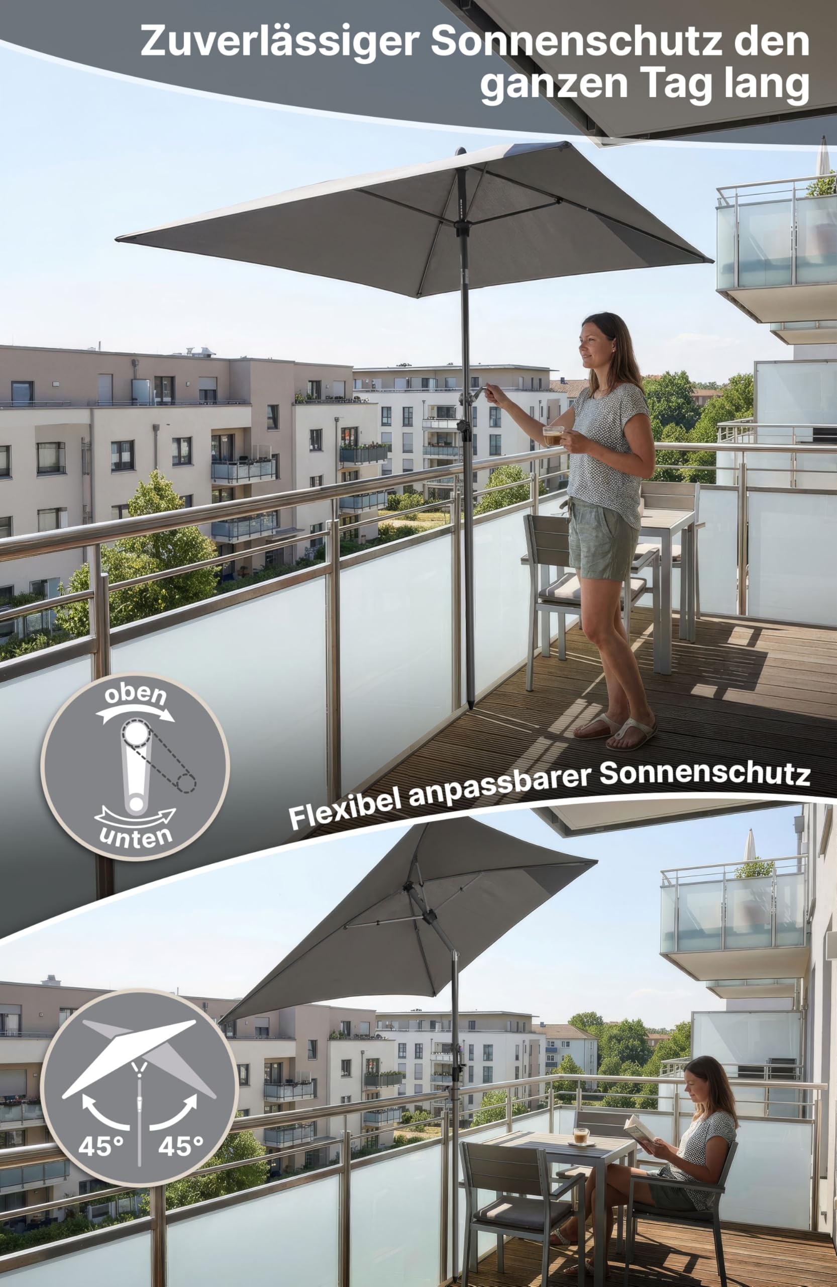 4smile Sonnenschirm Balkon mit Kurbel, Balkonschirm mit Schutzhülle, Sonnenschirm rechteckig 200x125 cm, Sonnenschutz Balkon mit UV 50+, knickbar und höhenverstellbar, Anthrazit