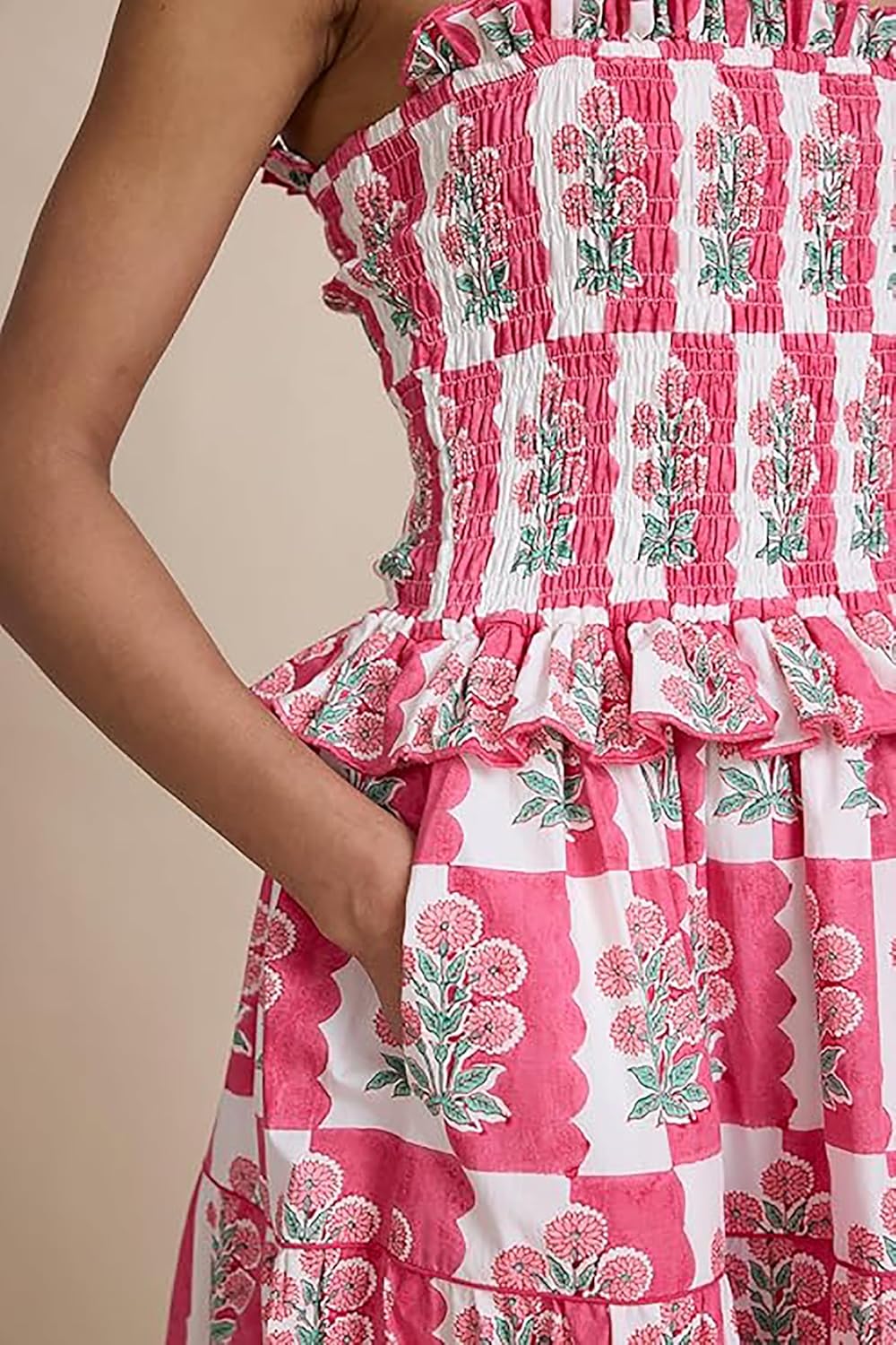 Women Summer Smocked Flowy Dress Spaghetti Strap Square Neck Floral Dress Ruffle Patchwork Boho A Line Midi Sun Dress - Image 4