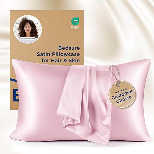 Bedsure Satin Pillowcase for Hair and Skin Queen - Pink Silky, 20x30 Inches - Set of 2 with Envelope Closure, Similar to Silk , Gifts for Women Men