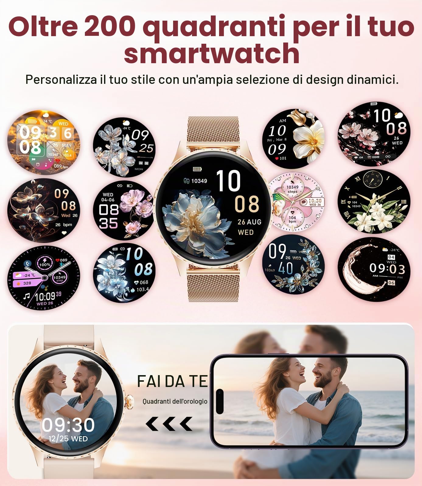 Smartwatch Donna Sottile 7,99 mm con Chiamate, 1.32" AMOLED Orologio Fitness con Ciclo Mestruale/Sonno/Frequenza Cardiaca per Android/iOS, IP68 Impermeabile, 270+ Quadranti, Oro Rosa