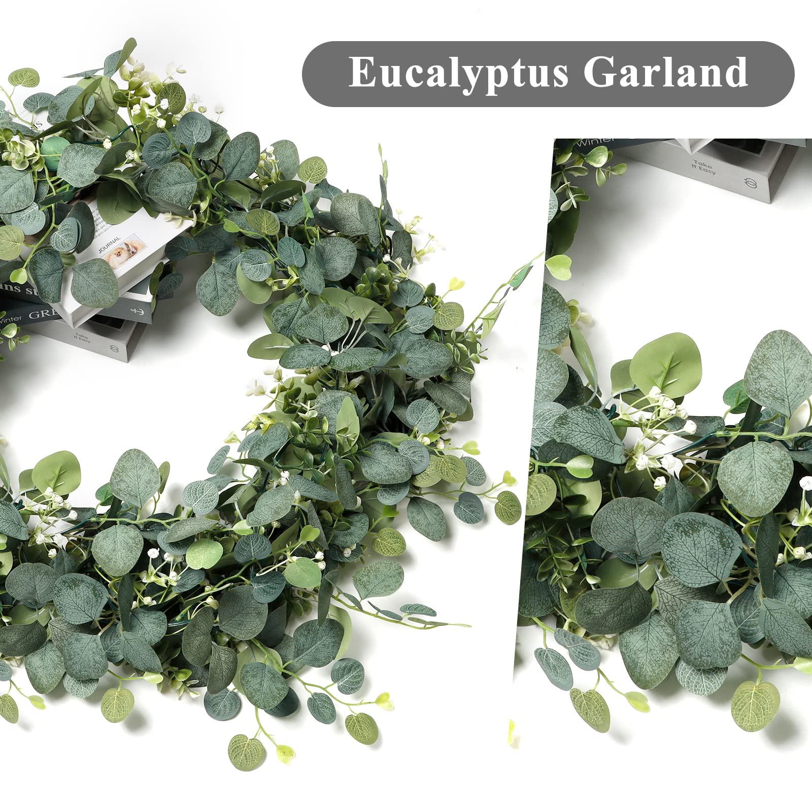 TOCHGREEN Ghirlanda di eucalipto artificiale, 2 pezzi, 1,5 m, finta ghirlanda verde con fiori bianchi di bosso artificiale, ghirlanda di piante rampicanti per sfondo nuziale, runner da tavola