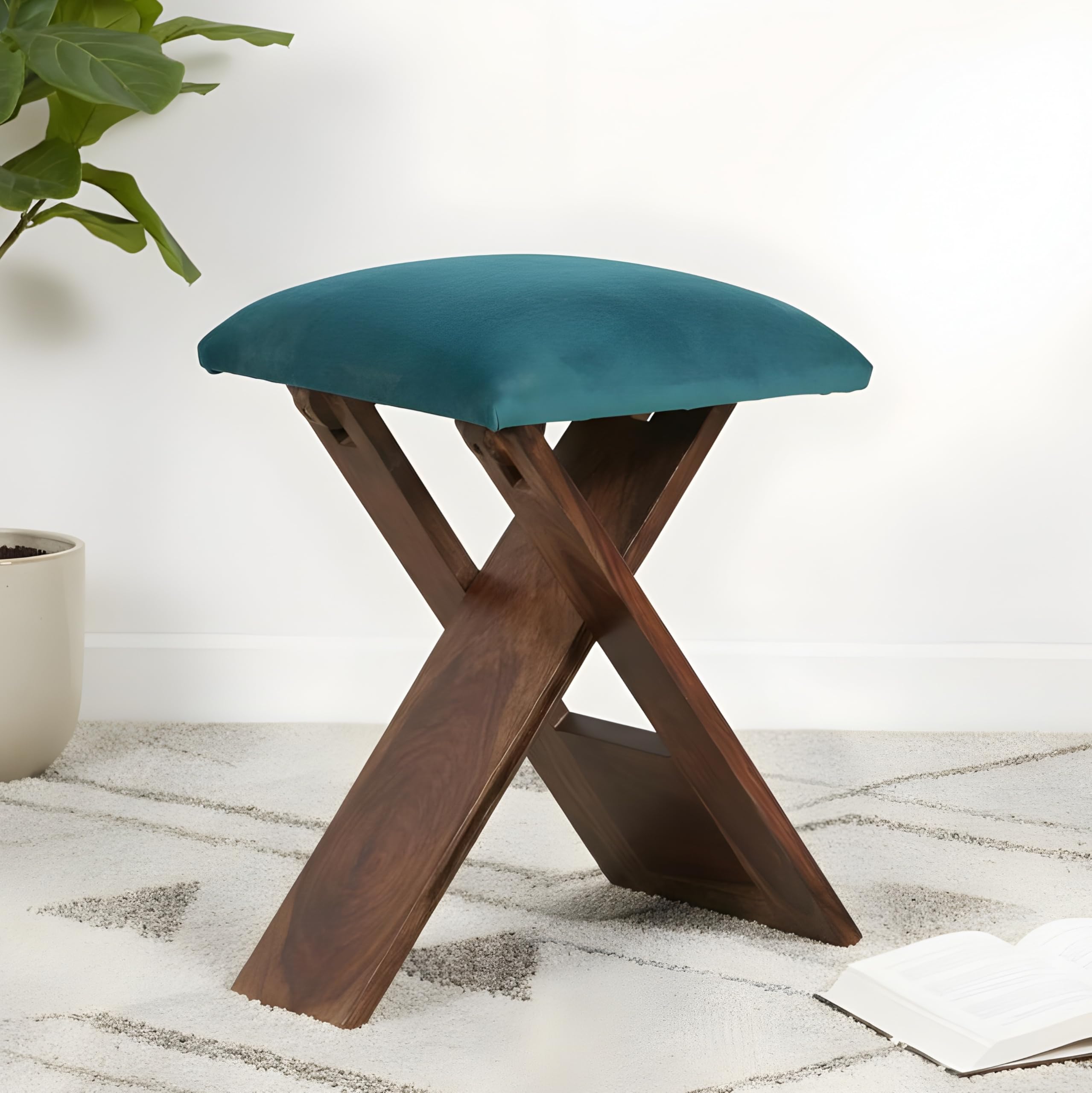 Ikiriya Stylish Dayton Sheesham Wood Accent Square Foldable Stool, Turquoise Sea Velvet (17x17x18 Inches, 1 Yr Warranty)-image-17