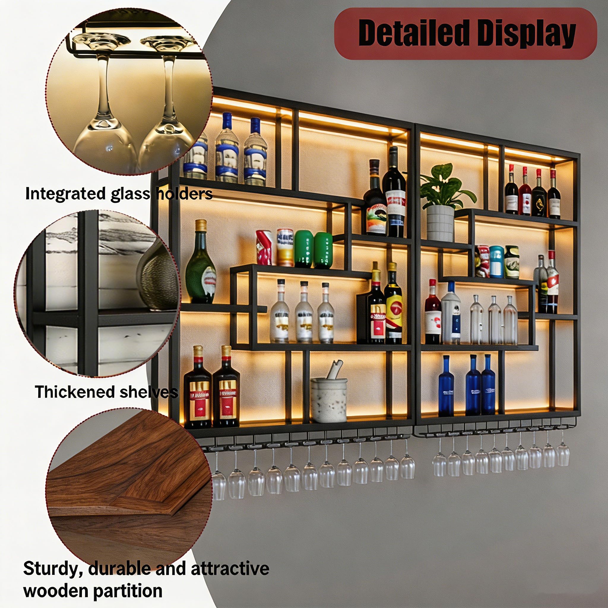 200CM Botellero Pared Vino Negro 200cm con LED y Portacopas | De hierro y madera estilo industrial. Gran capacidad, módulos combinables. Incluye tira LED. Ideal para bar, cocina y comedor