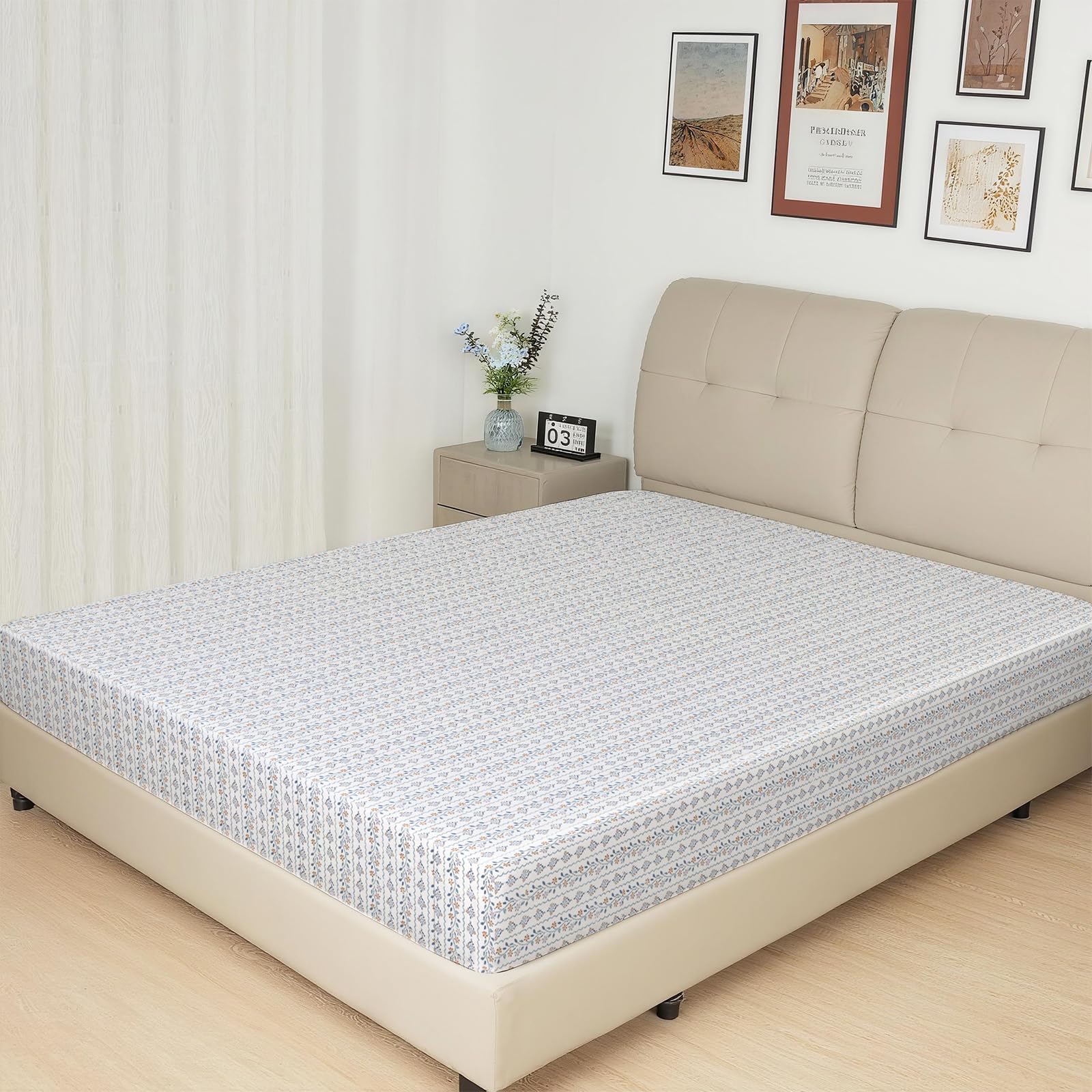 Lirex Satin Spannbettlaken 140x200cm, Seide Spannbetttuch Luxuriös und Seidig Glatt Weiche Microfaser Bettlaken für bis 35cm Matraze, Blumen Streifen