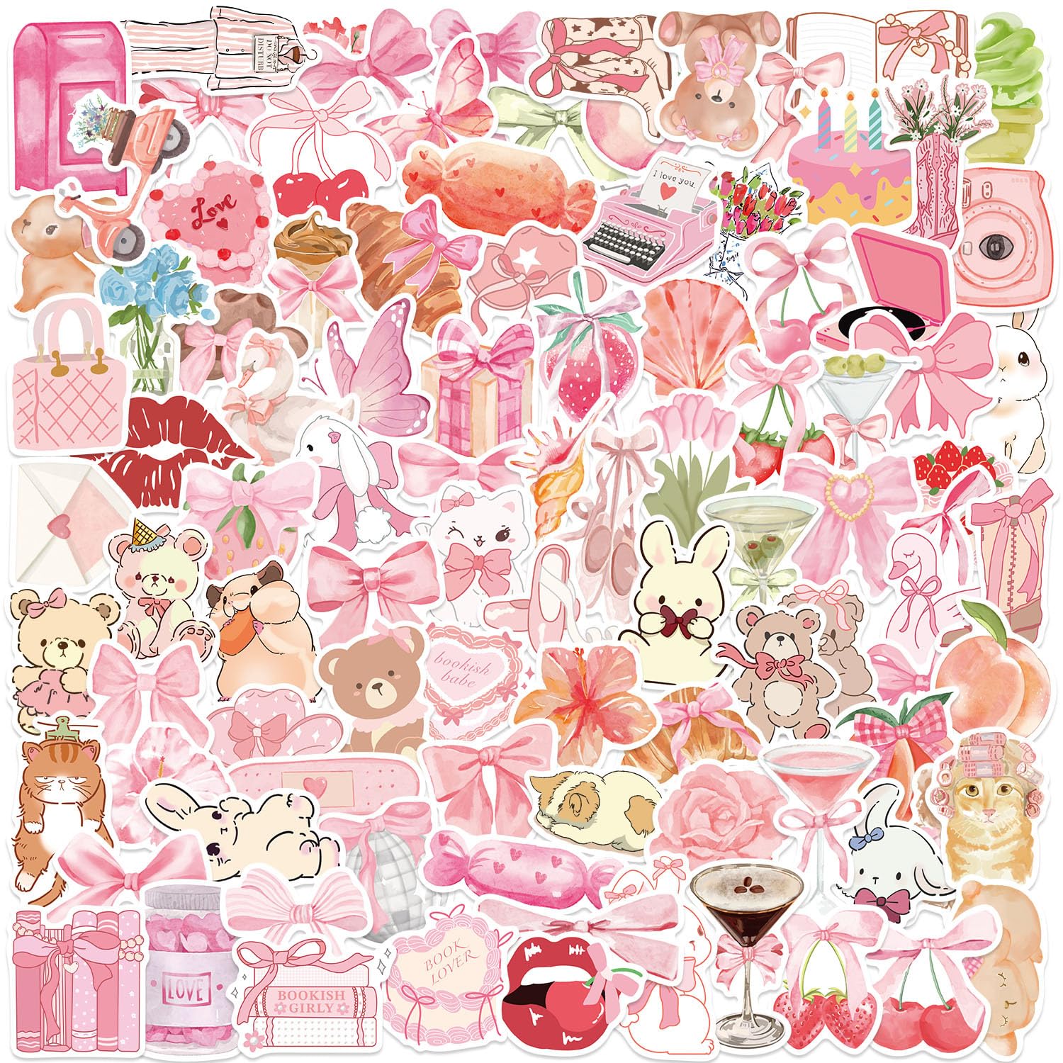 100PCS Stickers for Teen, Cute Bow & Teddy Bear Vinyl Stickers for Water Bottles, Laptops, Journals, Waterproof Stickers for Teens & Girly Style Fans
