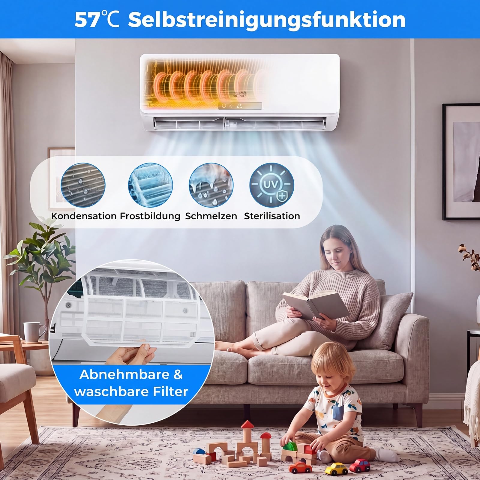 COSTWAY Klimaanlage Split 12000BTU, 3,4kW | Klimagerät leise mit Heizfunktion, WiFi & App & R32 Kältemittel, Klimasplittgeräte inkl. Montagematerial, Air Conditioner